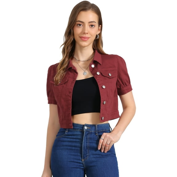 DARING DIVA Women's Cropped Jackets Puff Button Down Washed Denim Jean Jacket M Wine Red