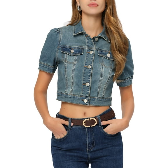 DARING DIVA Women's Cropped Jackets Puff Button Down Washed Denim Jean Jacket S Blue
