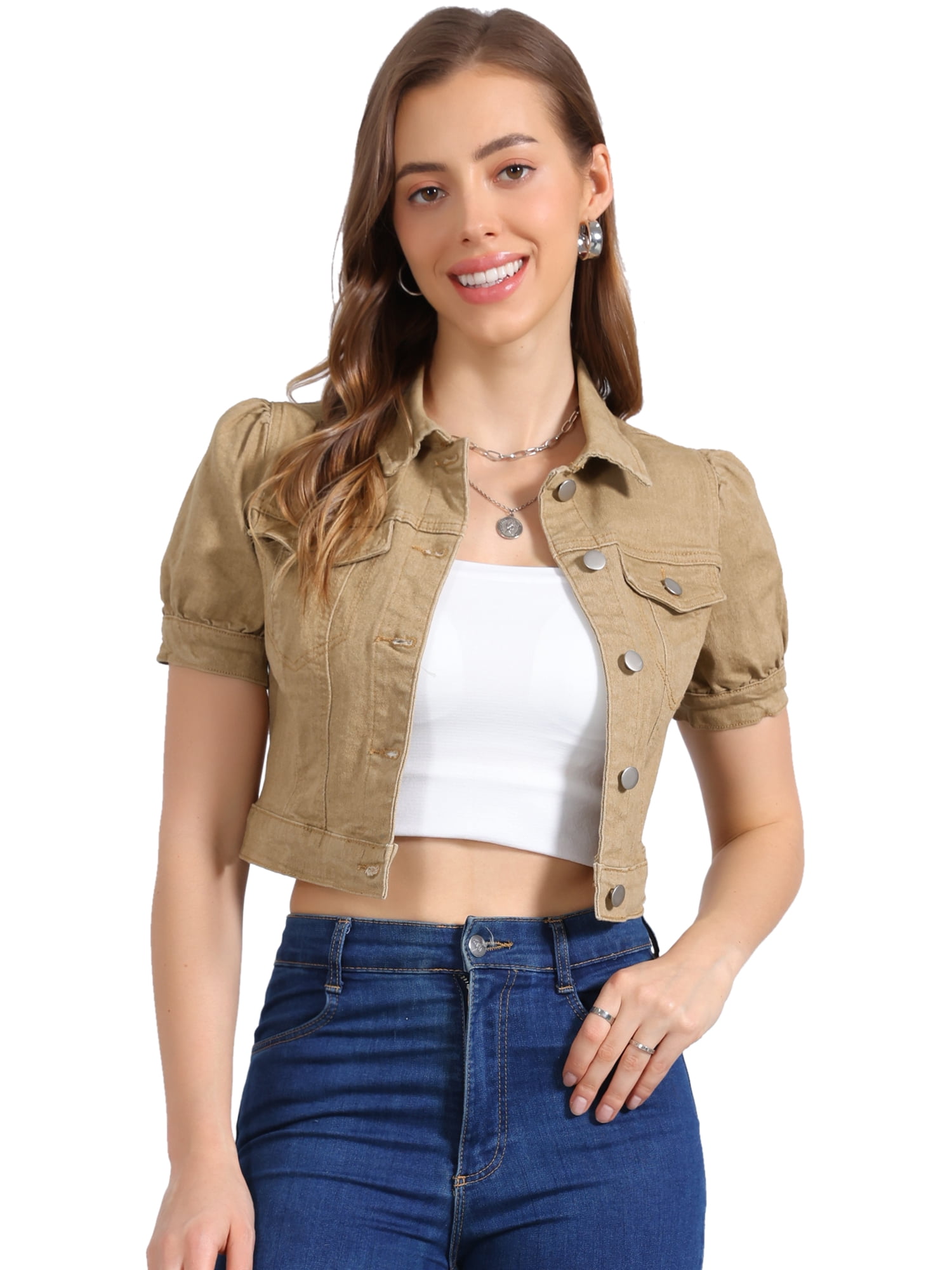 DARING DIVA Women's Cropped Jackets Puff Button Down Washed Denim Jean Jacket S Khaki
