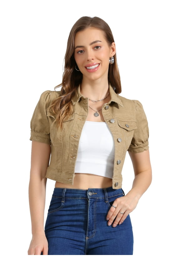 Women's Cropped Jackets Puff Button Down Washed Denim Jean Jacket S Khaki