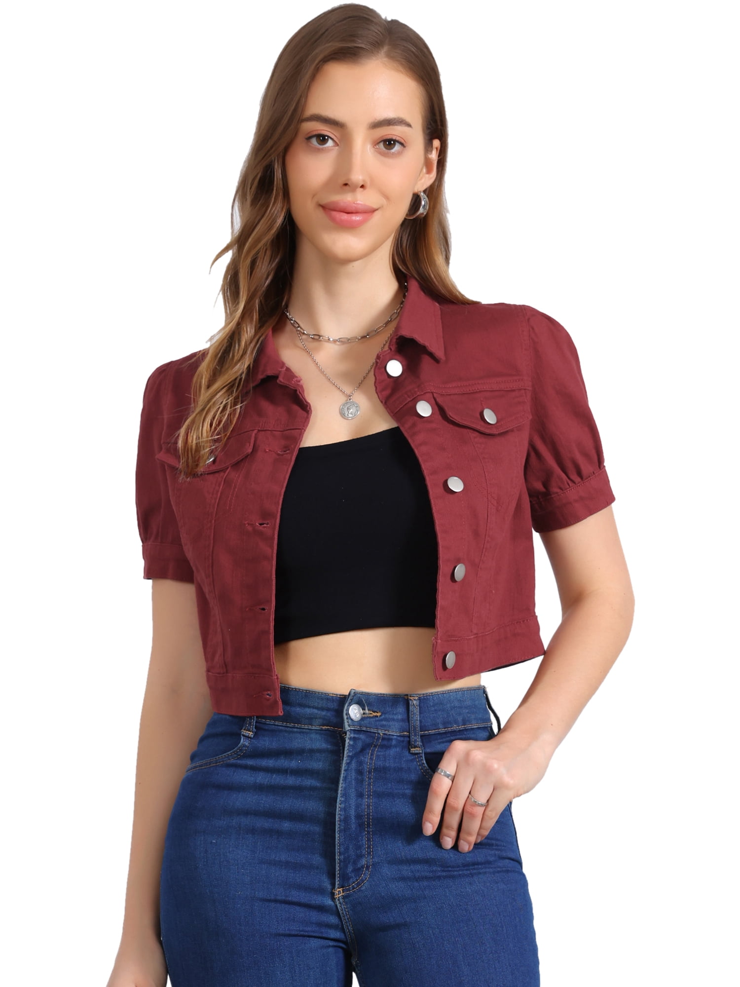 DARING DIVA Women's Cropped Jackets Puff Button Down Washed Denim Jean Jacket S Wine Red