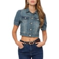 thumbnail image 1 of DARING DIVA Women's Cropped Jackets Puff Button Down Washed Denim Jean Jacket XS Blue, 1 of 6