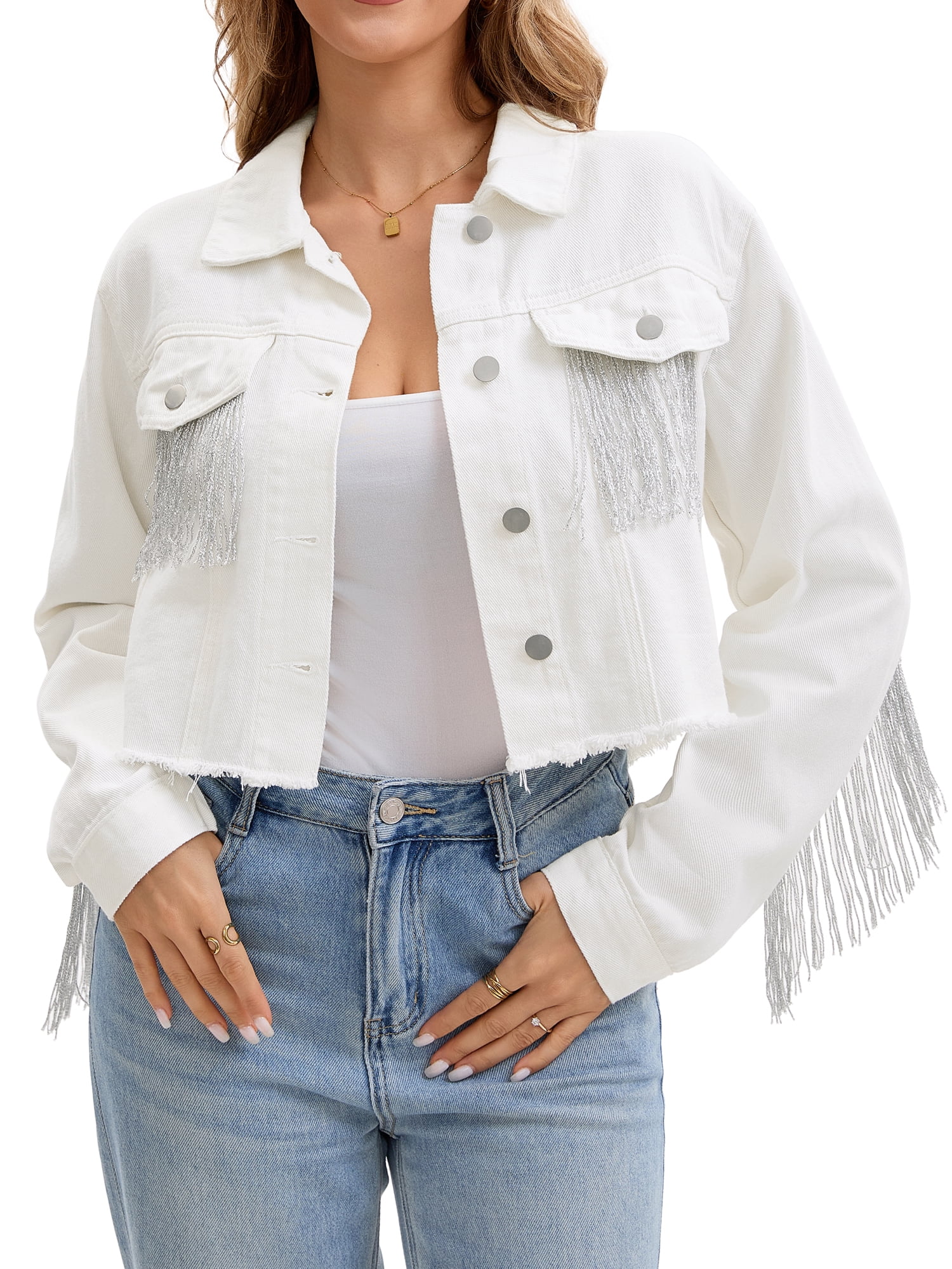 DARING DIVA Women's Cropped Jean Long Sleeve Frayed Tassel Fringe Denim Jacket 2XL White