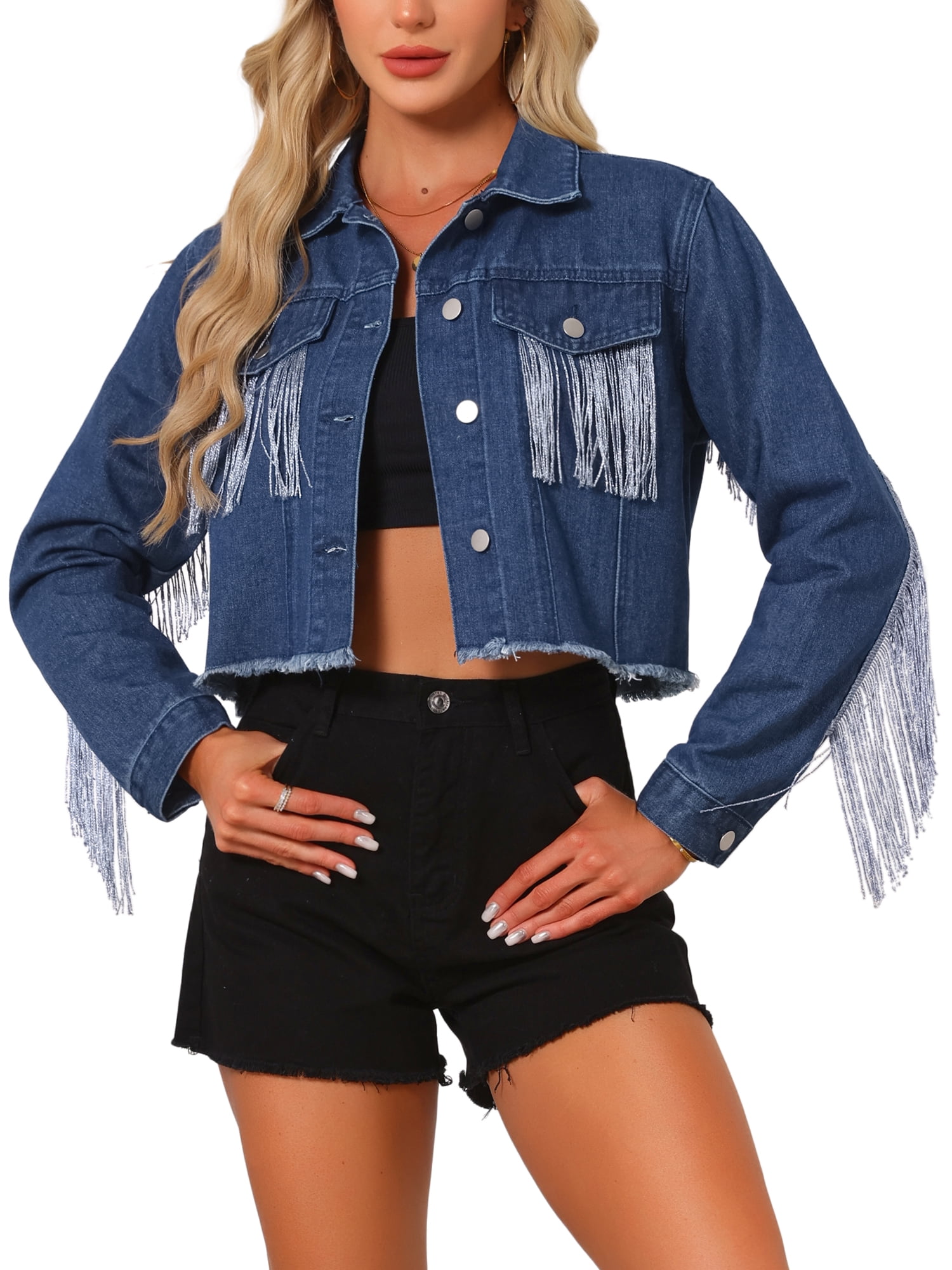 DARING DIVA Women's Cropped Jean Long Sleeve Frayed Tassel Fringe Denim Jacket L Blue