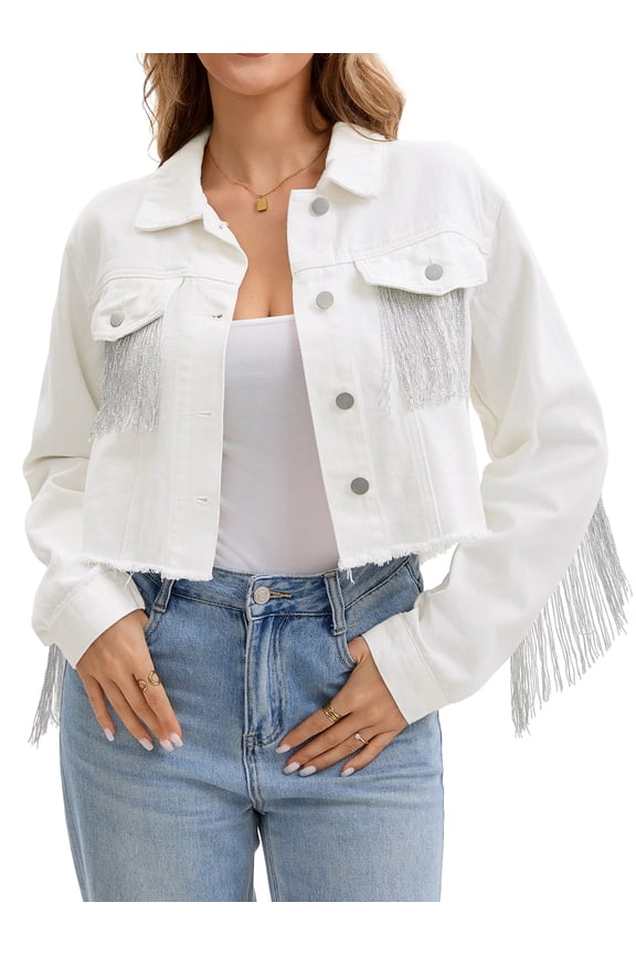 Women's Cropped Jean Long Sleeve Frayed Tassel Fringe Denim Jacket S White