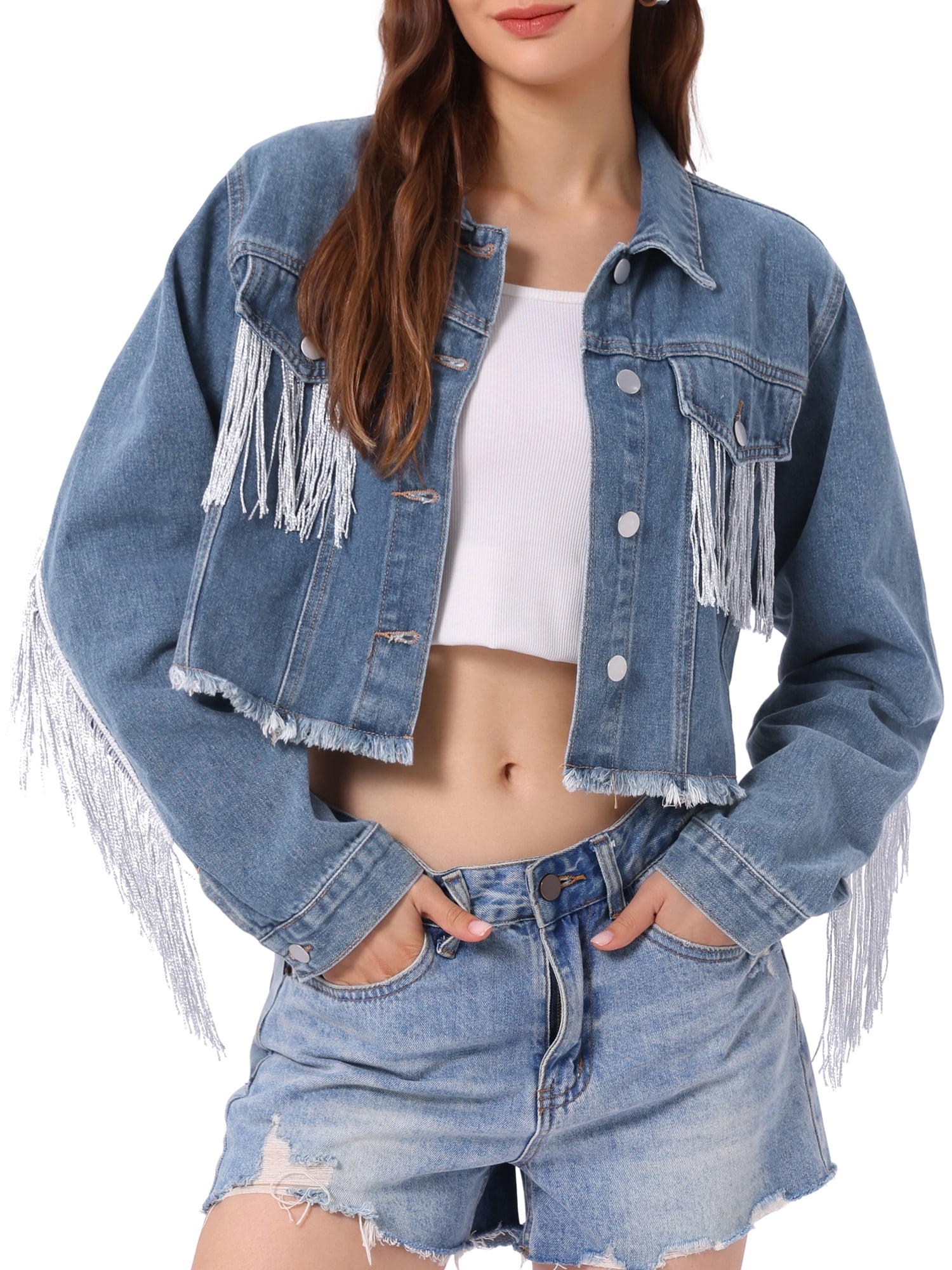 DARING DIVA Women's Cropped Jean Long Sleeve Frayed Tassel Fringe Denim Jacket XL Gray Blue