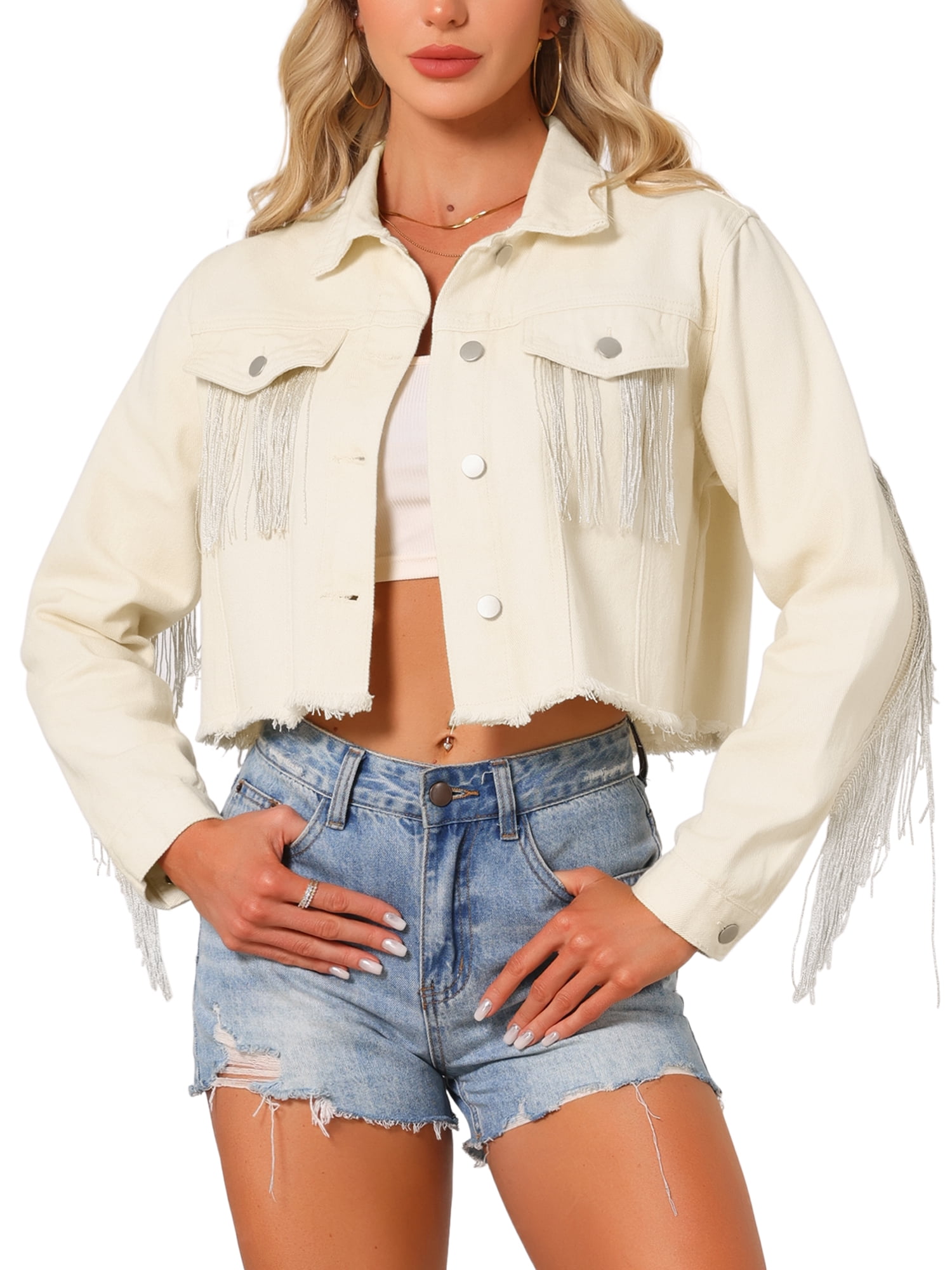 DARING DIVA Women's Cropped Jean Long Sleeve Frayed Tassel Fringe Denim Jacket XL White