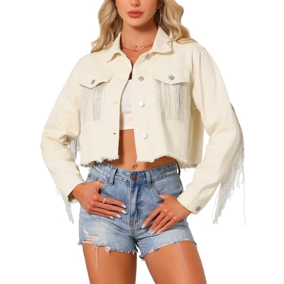 DARING DIVA Women's Cropped Jean Long Sleeve Frayed Tassel Fringe Denim Jacket XL White