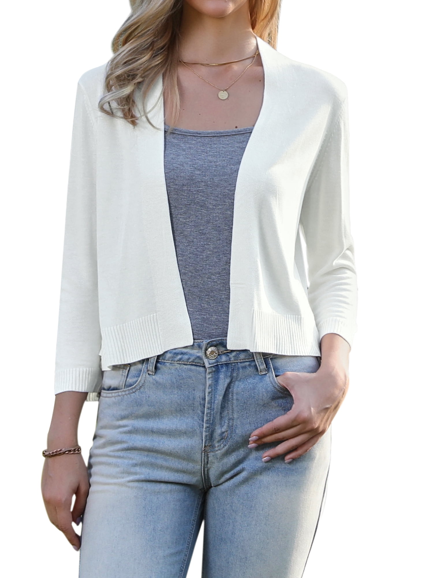 DARING DIVA Women's Cropped Knit Open Front 3/4 Sleeve Bolero Shrug XS White