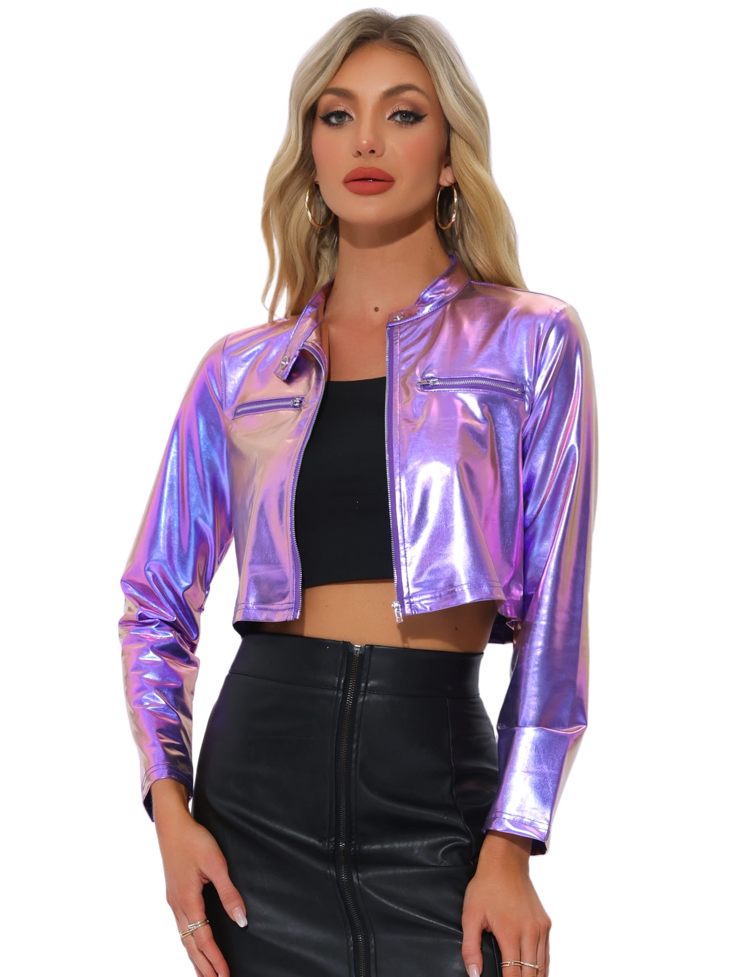 DARING DIVA Women's Cropped Jacket Metallic Stand Collar Long Sleeve Crop Jackets M Blue