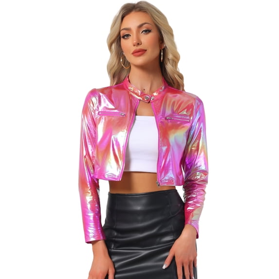 DARING DIVA Women's Cropped Jacket Metallic Stand Collar Long Sleeve Crop Jackets M Wine Red