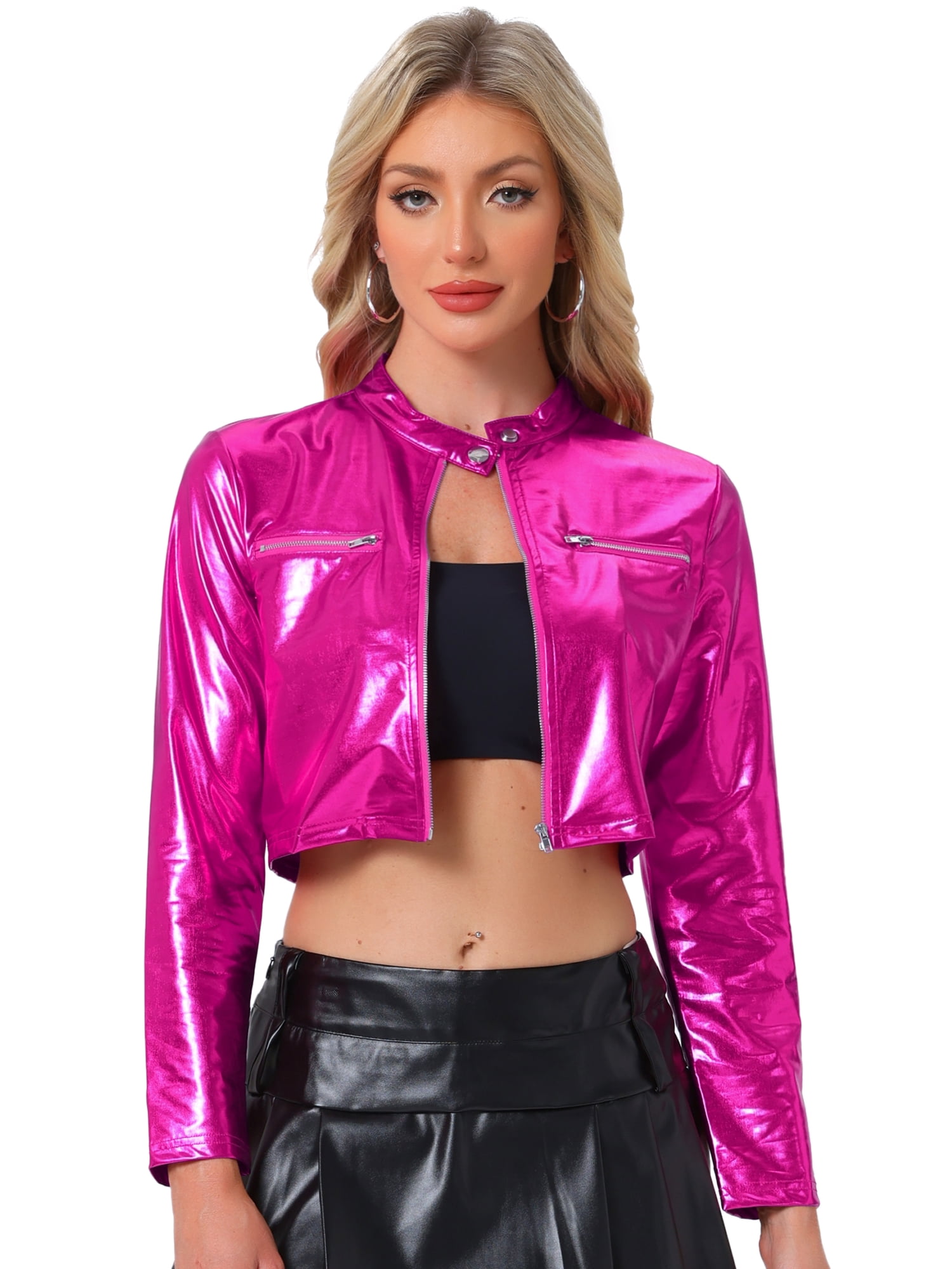 DARING DIVA Women's Cropped Jacket Metallic Stand Collar Long Sleeve Crop Jackets XS Hot Pink