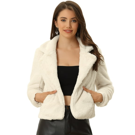 DARING DIVA Women's Cropped Notch Lapel Faux Fur Fluffy Coat L Apricot