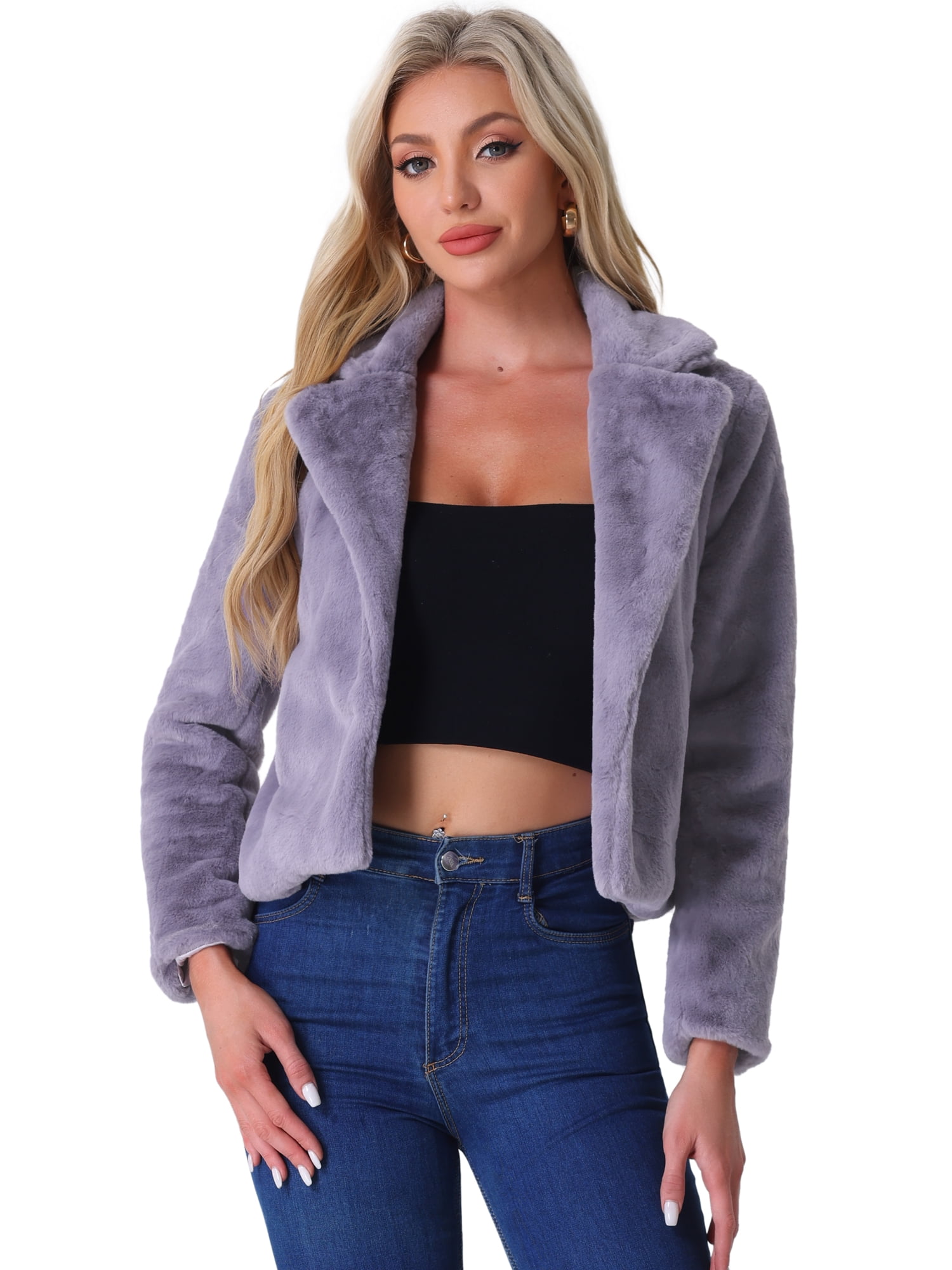 DARING DIVA Women's Cropped Notch Lapel Faux Fur Fluffy Coat L Grey Purple
