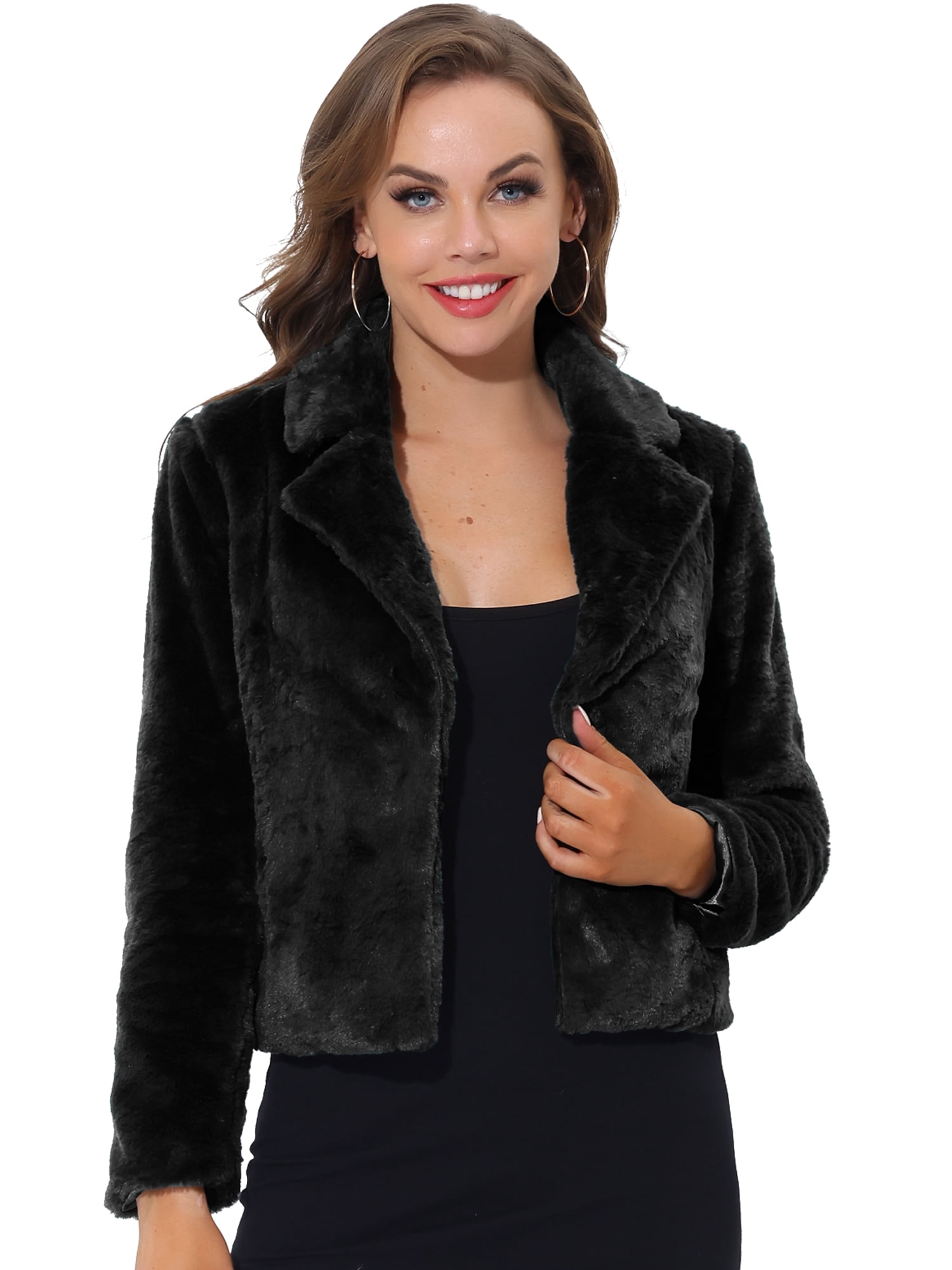 DARING DIVA Women's Cropped Notch Lapel Faux Fur Fluffy Coat M Black