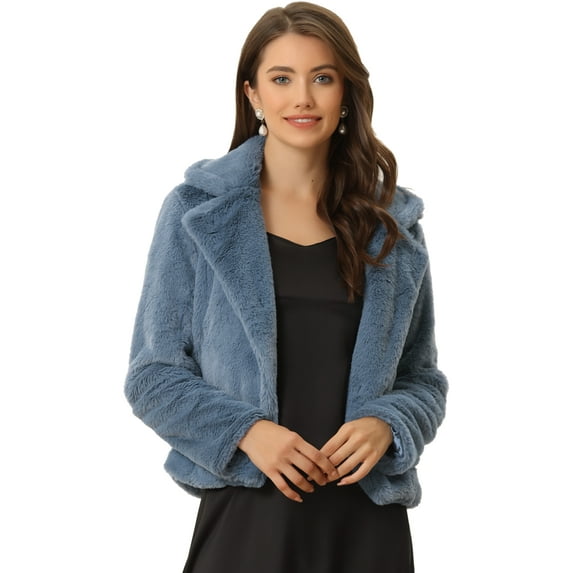 DARING DIVA Women's Cropped Notch Lapel Faux Fur Fluffy Coat M Grey Blue