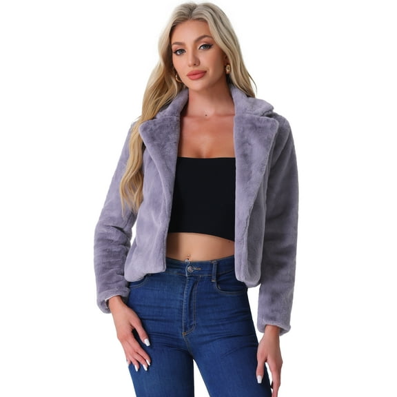 DARING DIVA Women's Cropped Notch Lapel Faux Fur Fluffy Coat M Grey Purple
