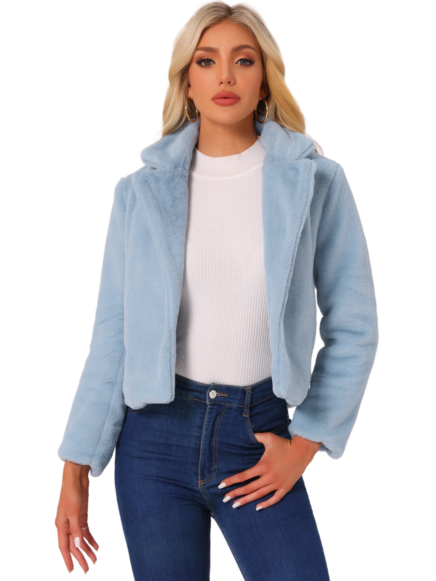DARING DIVA Women's Cropped Notch Lapel Faux Fur Fluffy Coat M Light Blue