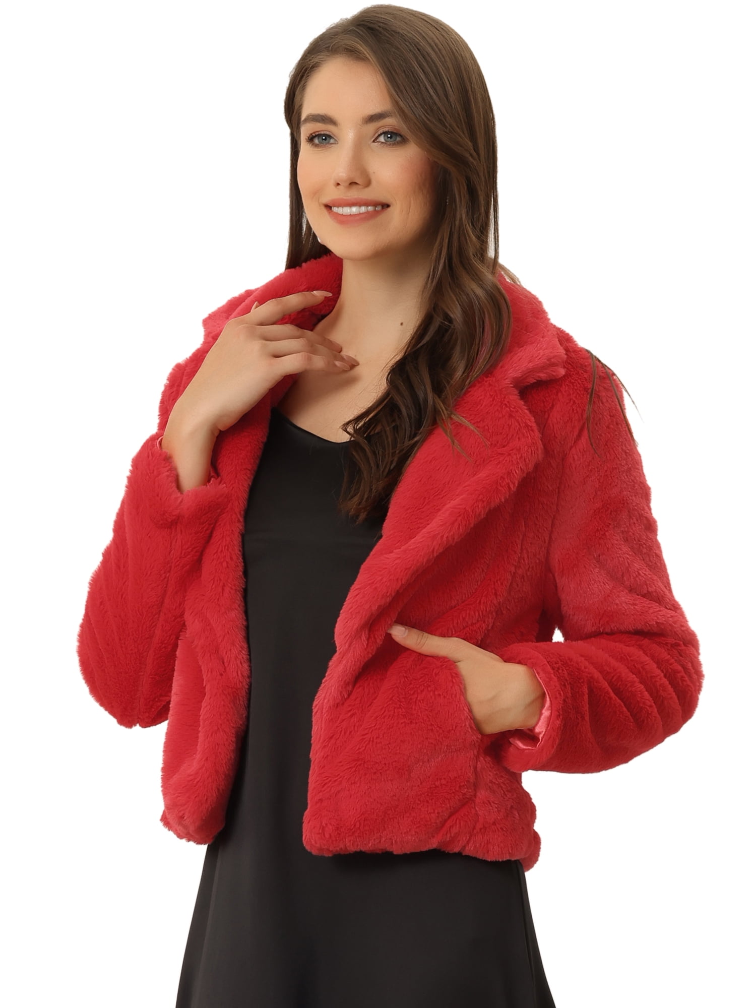 DARING DIVA Women's Cropped Notch Lapel Faux Fur Fluffy Coat M Red