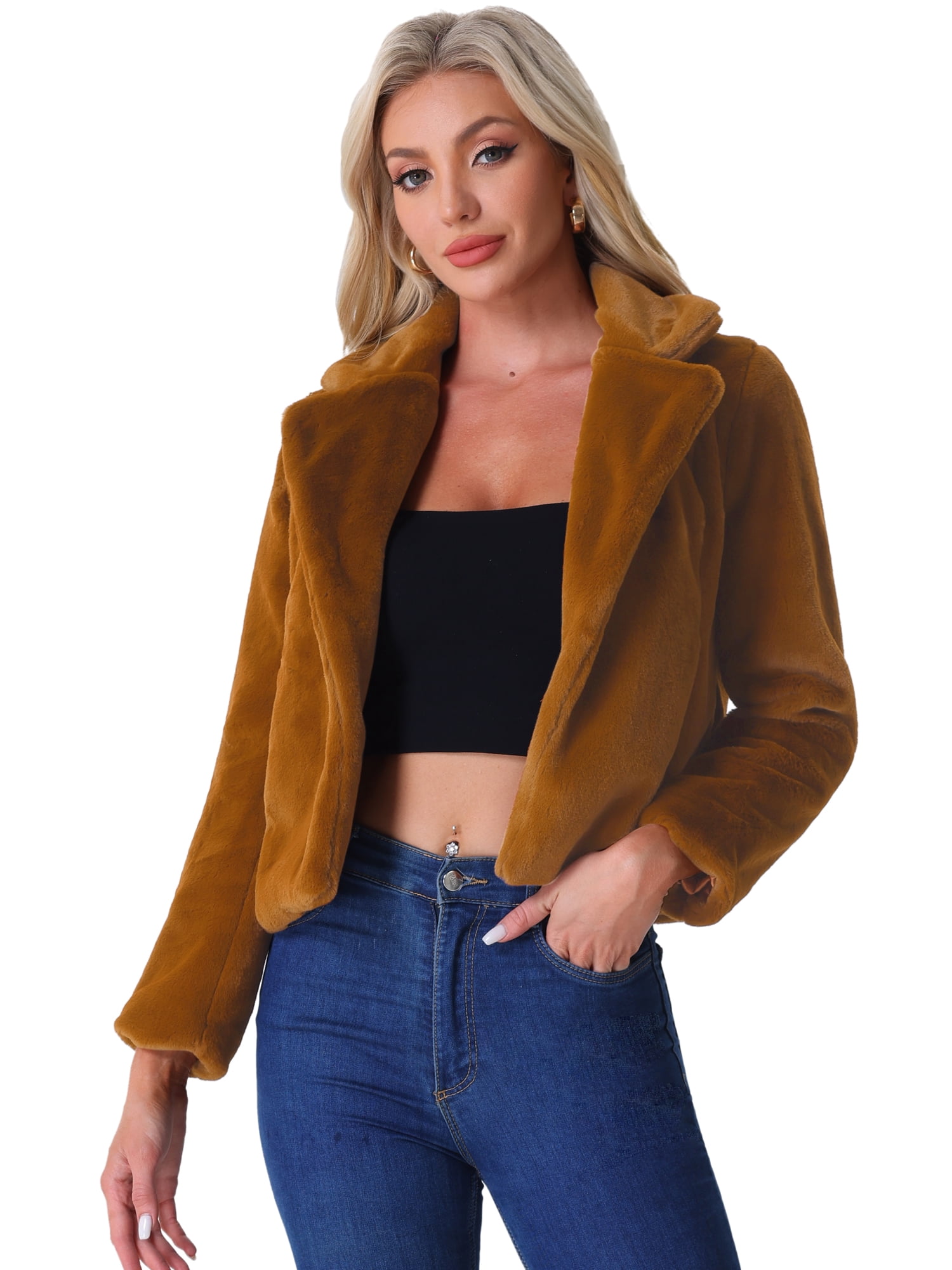 DARING DIVA Women's Cropped Notch Lapel Faux Fur Fluffy Coat S Brown