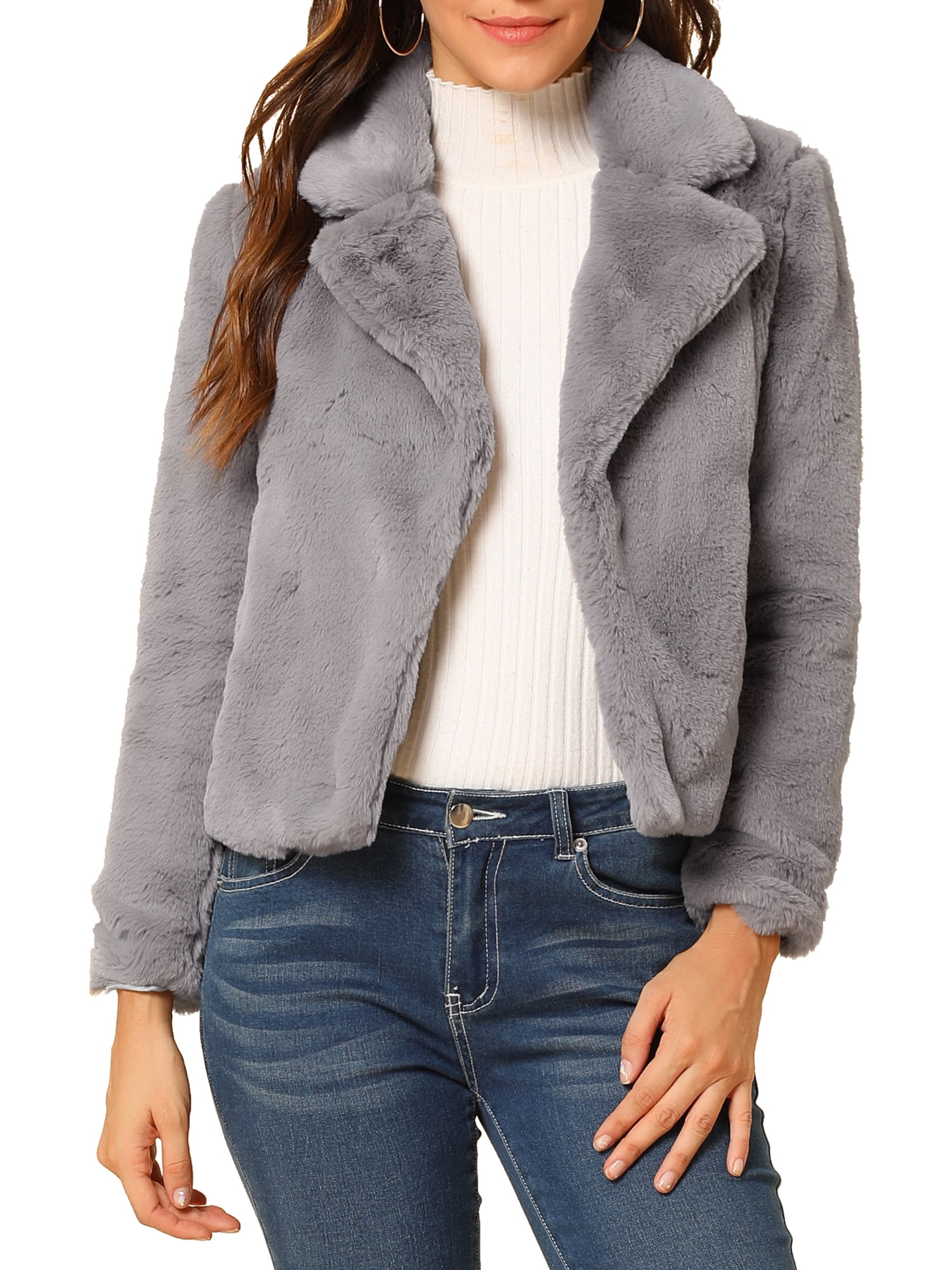 DARING DIVA Women's Cropped Notch Lapel Faux Fur Fluffy Coat S Grey