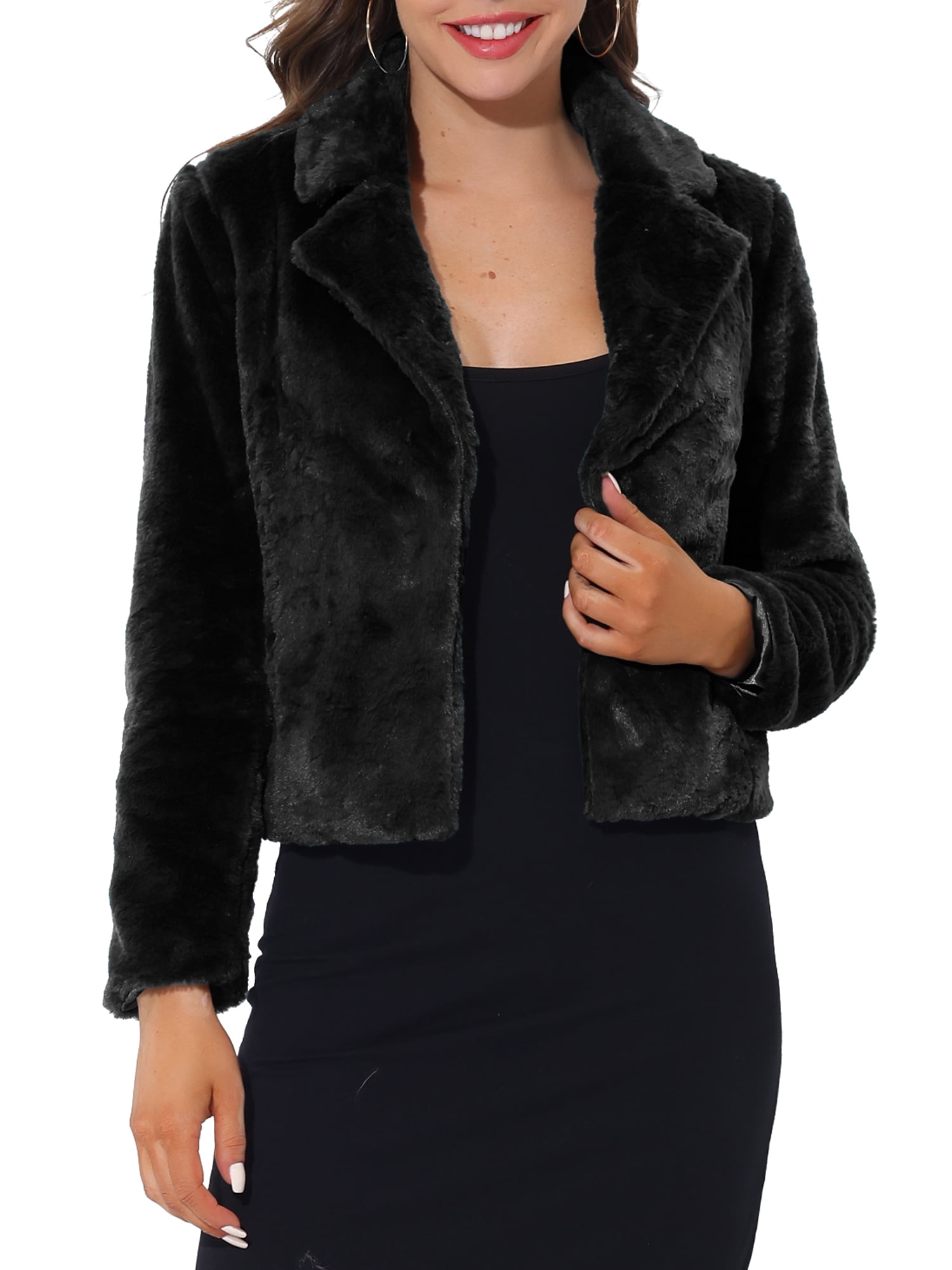 DARING DIVA Women's Cropped Notch Lapel Faux Fur Fluffy Coat XL Black