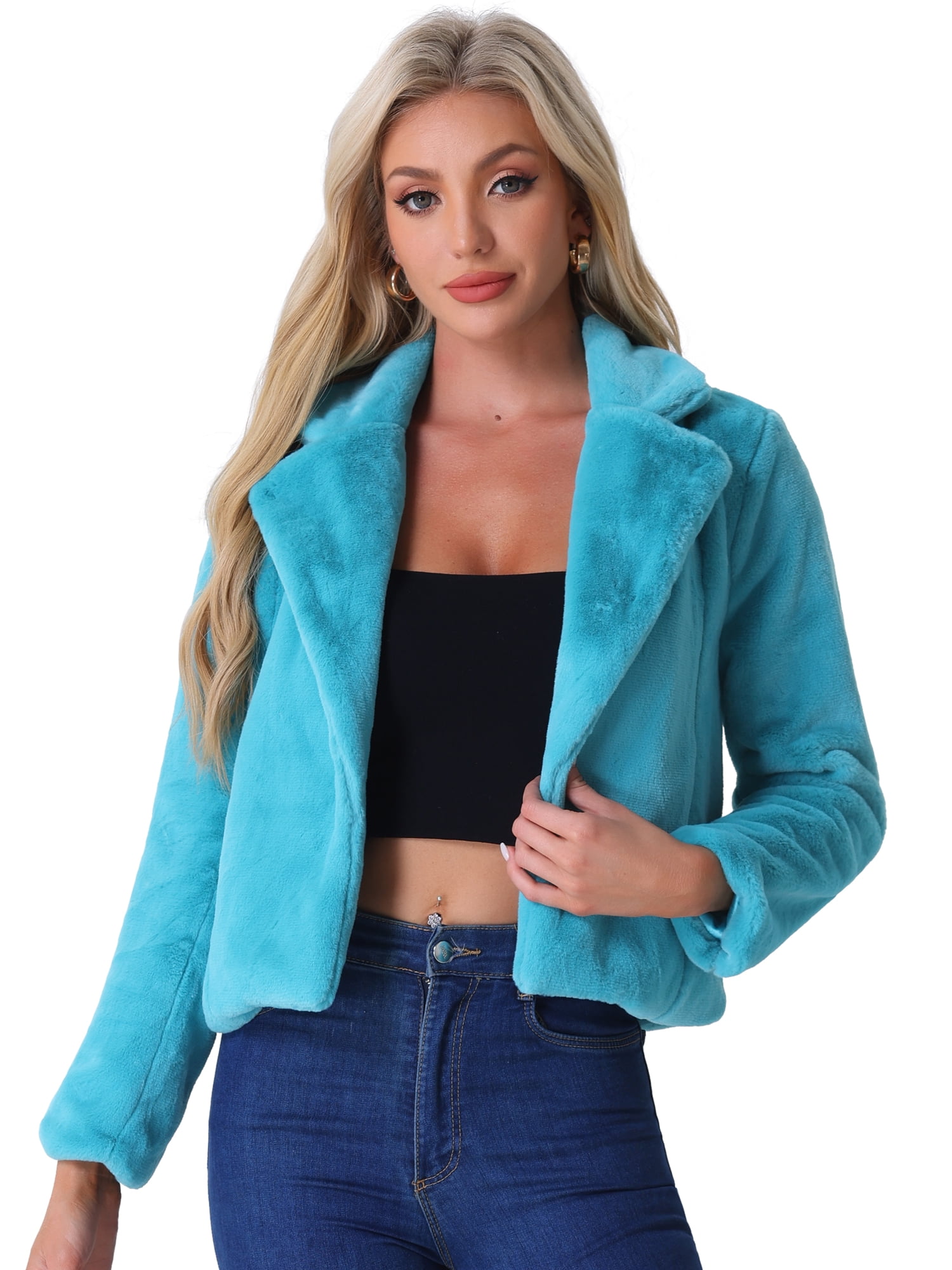 DARING DIVA Women's Cropped Notch Lapel Faux Fur Fluffy Coat XL Peacock Blue