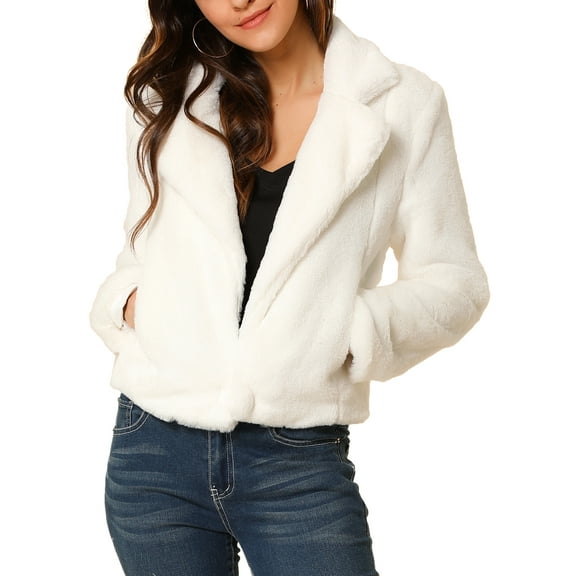 DARING DIVA Women's Cropped Notch Lapel Faux Fur Fluffy Coat XS White