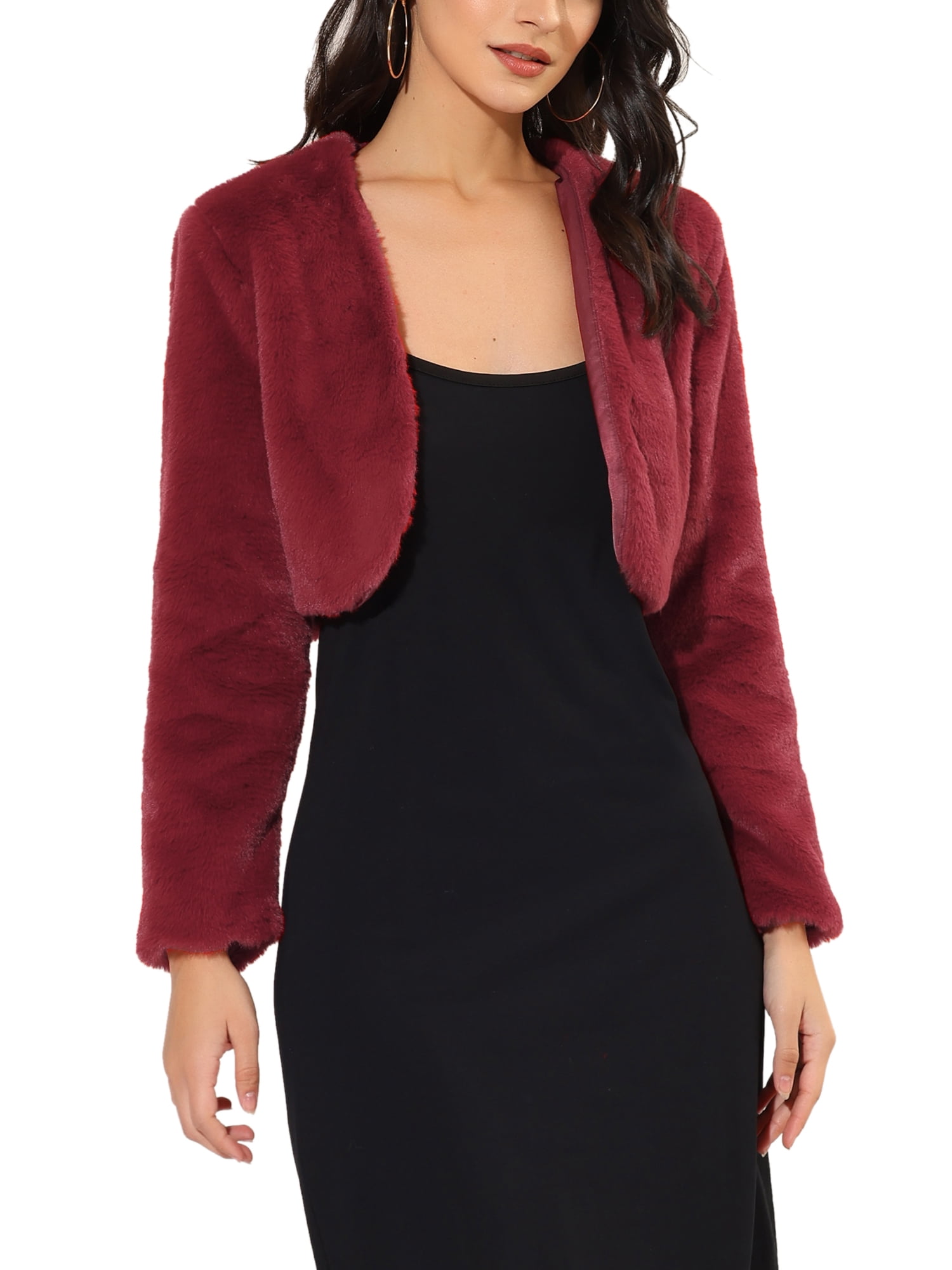 DARING DIVA Women's Cropped Open Front Faux Fur Short Shrug Jacket L Wine Red