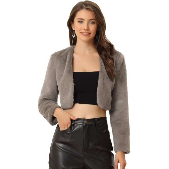 DARING DIVA Women's Cropped Open Front Faux Fur Short Shrug Jacket S Dark Grey