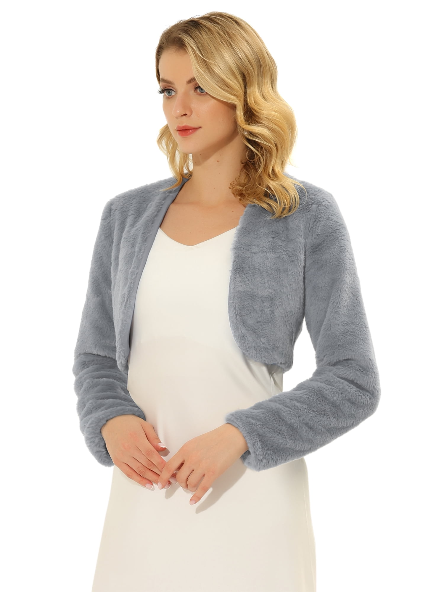 DARING DIVA Women's Cropped Open Front Faux Fur Short Shrug Jacket S Gray