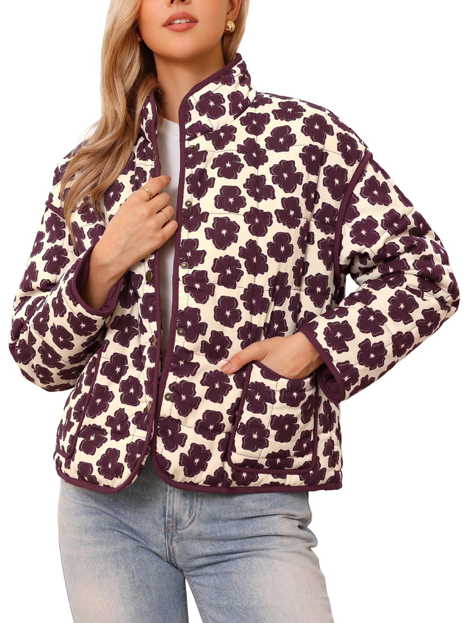 DARING DIVA Women's Cropped Puffer Quilted Floral Button Front Jacket XS Beige