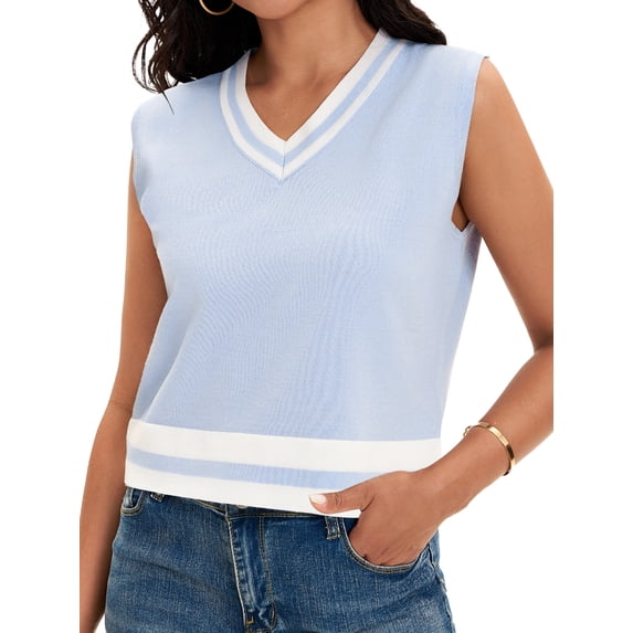 DARING DIVA Women's Cropped Sweater Vest Summer Tank Tops L Light Blue White