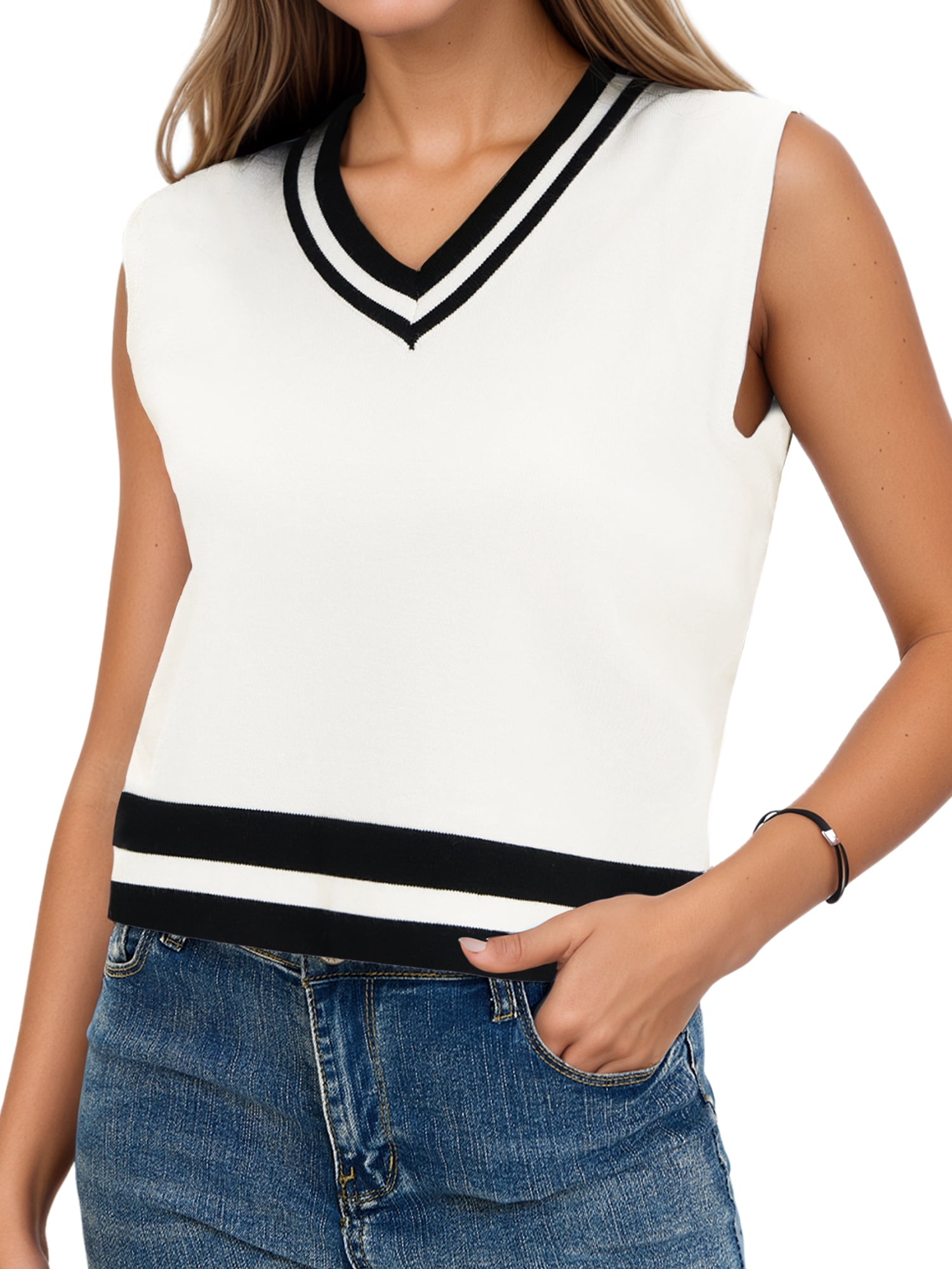 DARING DIVA Women's Cropped Sweater Vest Summer Tank Tops L White Black