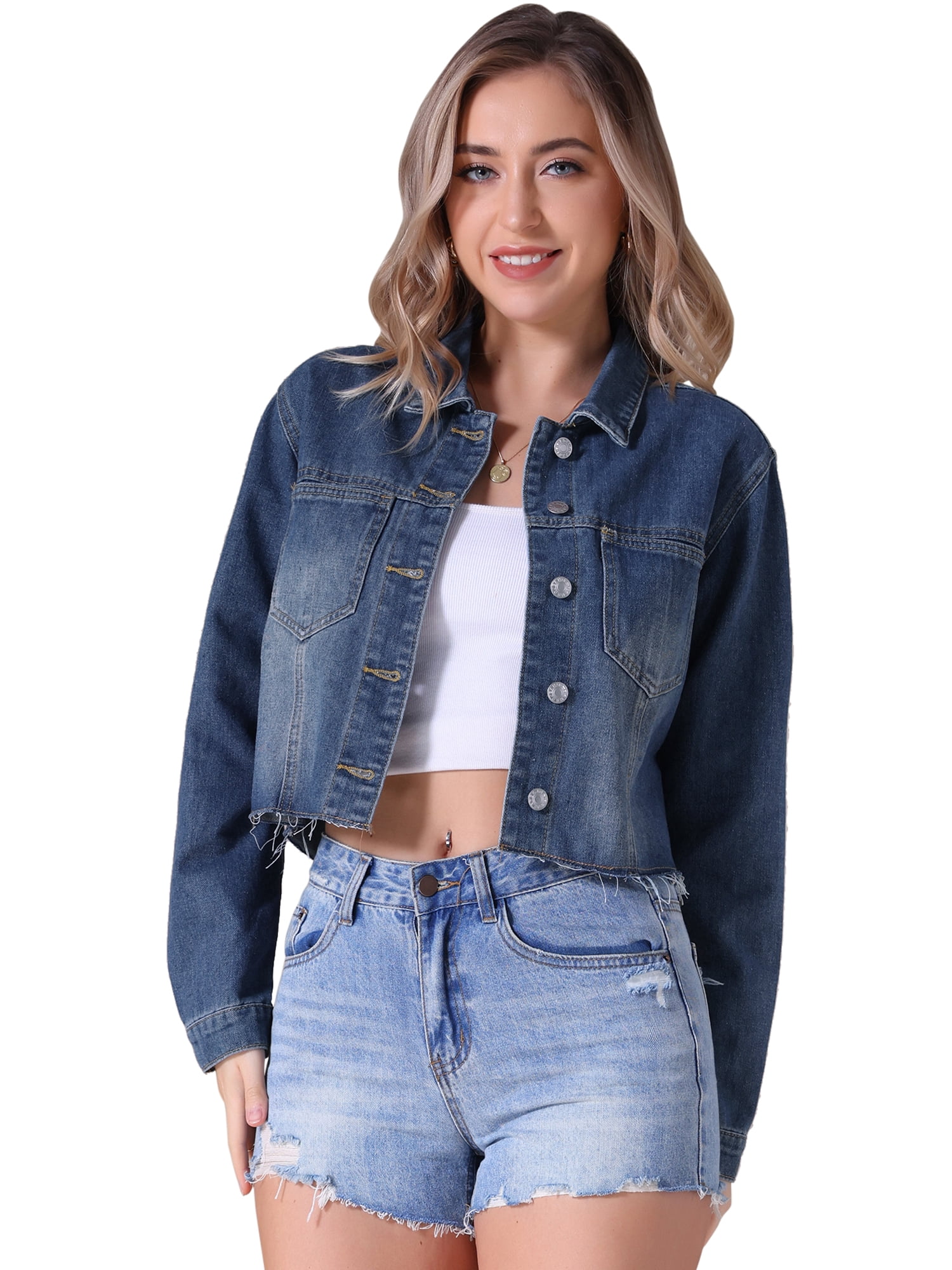 DARING DIVA Women's Cropped Washed Lightweight Frayed Hem Denim Jacket 2XL Blue
