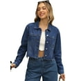 thumbnail image 1 of DARING DIVA Women's Cropped Washed Lightweight Frayed Hem Denim Jacket XL Dark Blue, 1 of 7