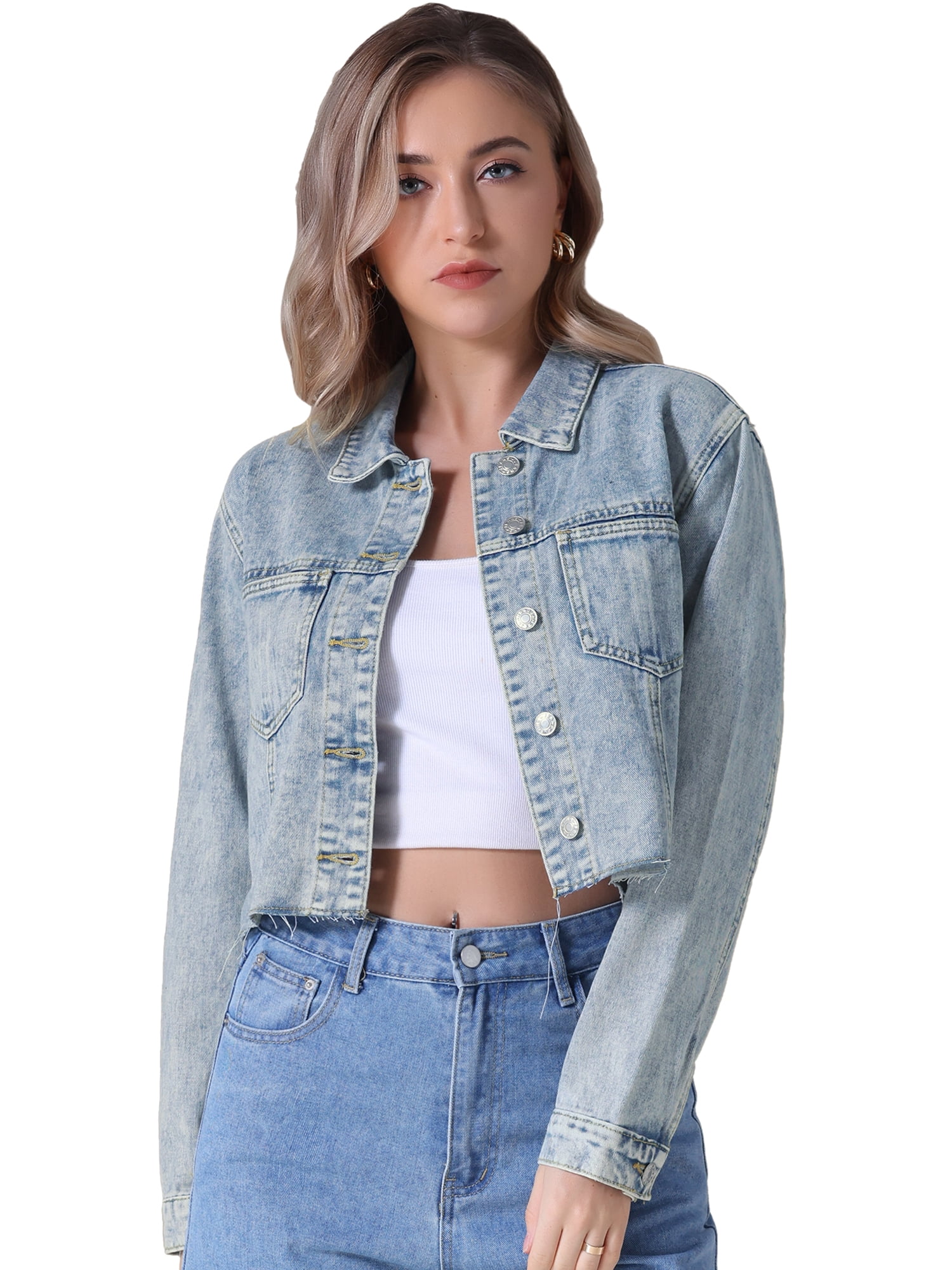 DARING DIVA Women's Cropped Washed Lightweight Frayed Hem Denim Jacket XL Light Blue