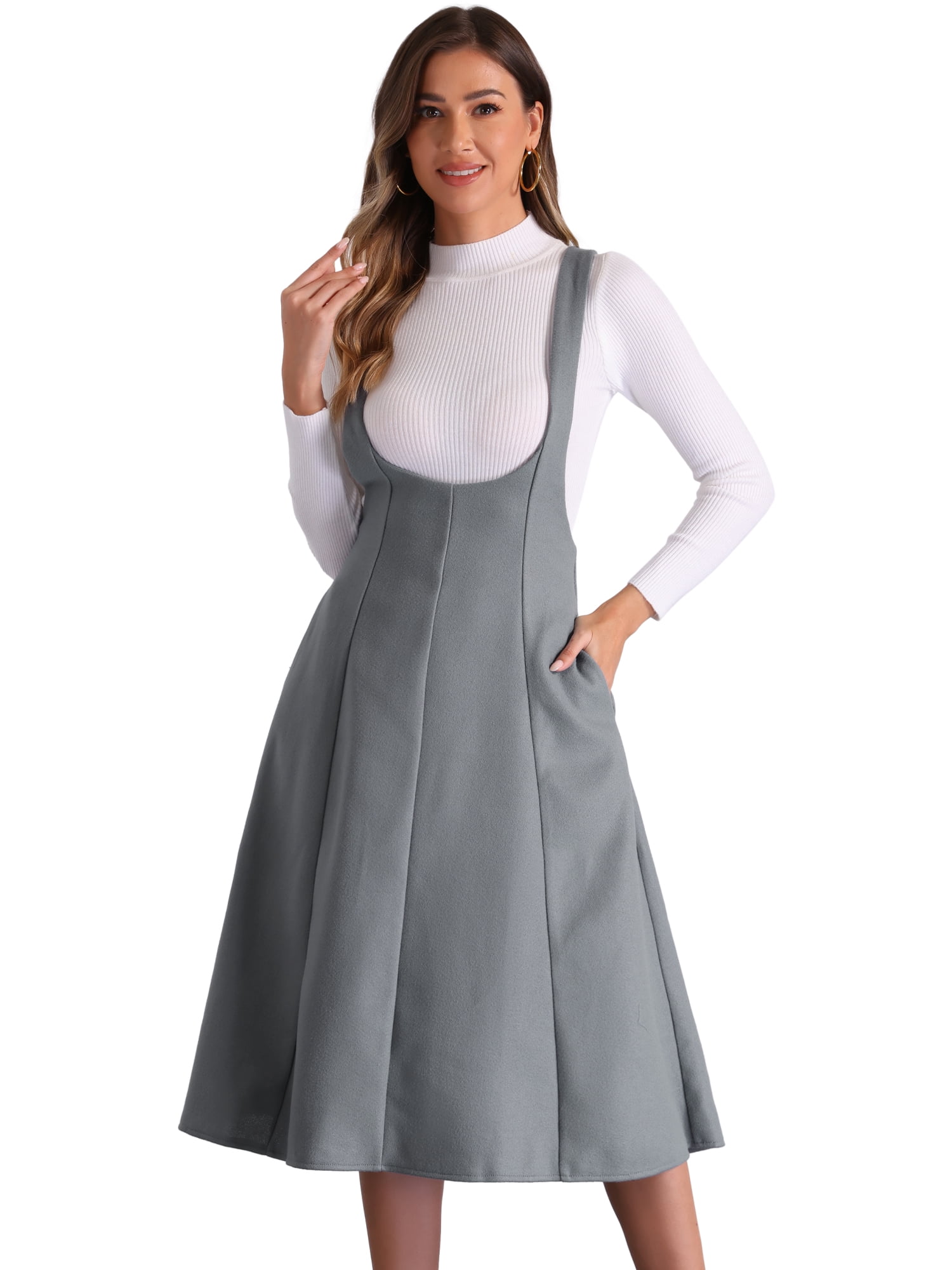 DARING DIVA Women's Cross Back A Line Elegant Overall Pinafore Dress L Dark Grey