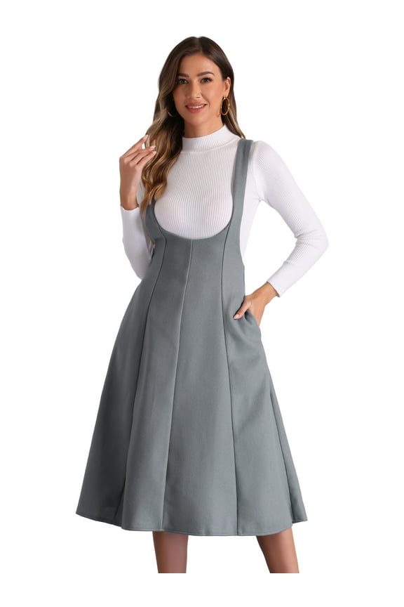 Women's Cross Back A Line Elegant Overall Pinafore Dress L Dark Grey