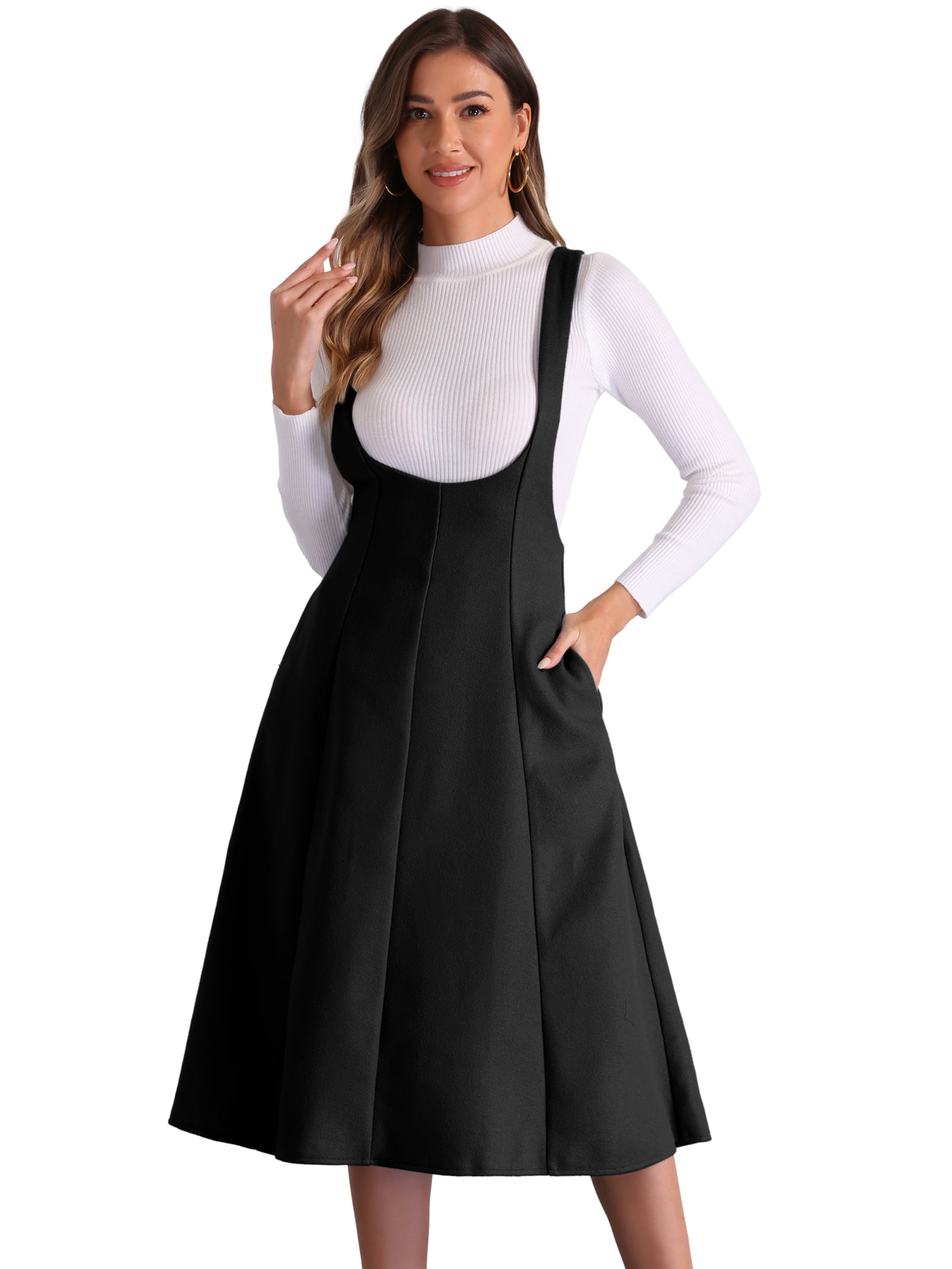 DARING DIVA Women's Cross Back A Line Elegant Overall Pinafore Dress S Black