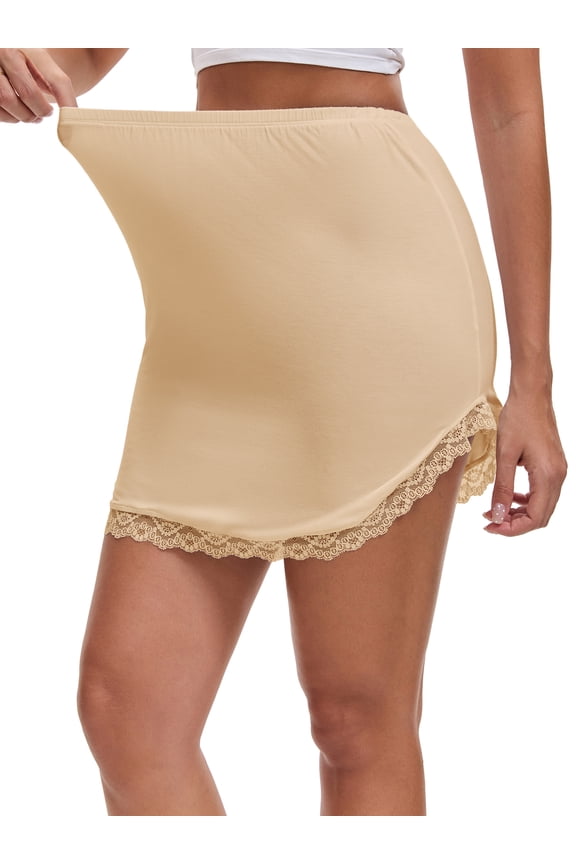 Women's Curved Slit Lined Lace Trim Half Slip Underskirt XXL Light Beige