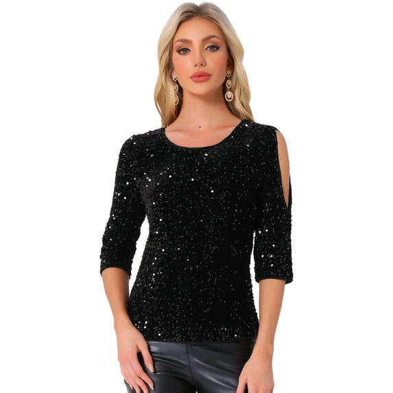 DARING DIVA Women's Cut Out Half Sleeve Sequin Velvet Tops XS Black