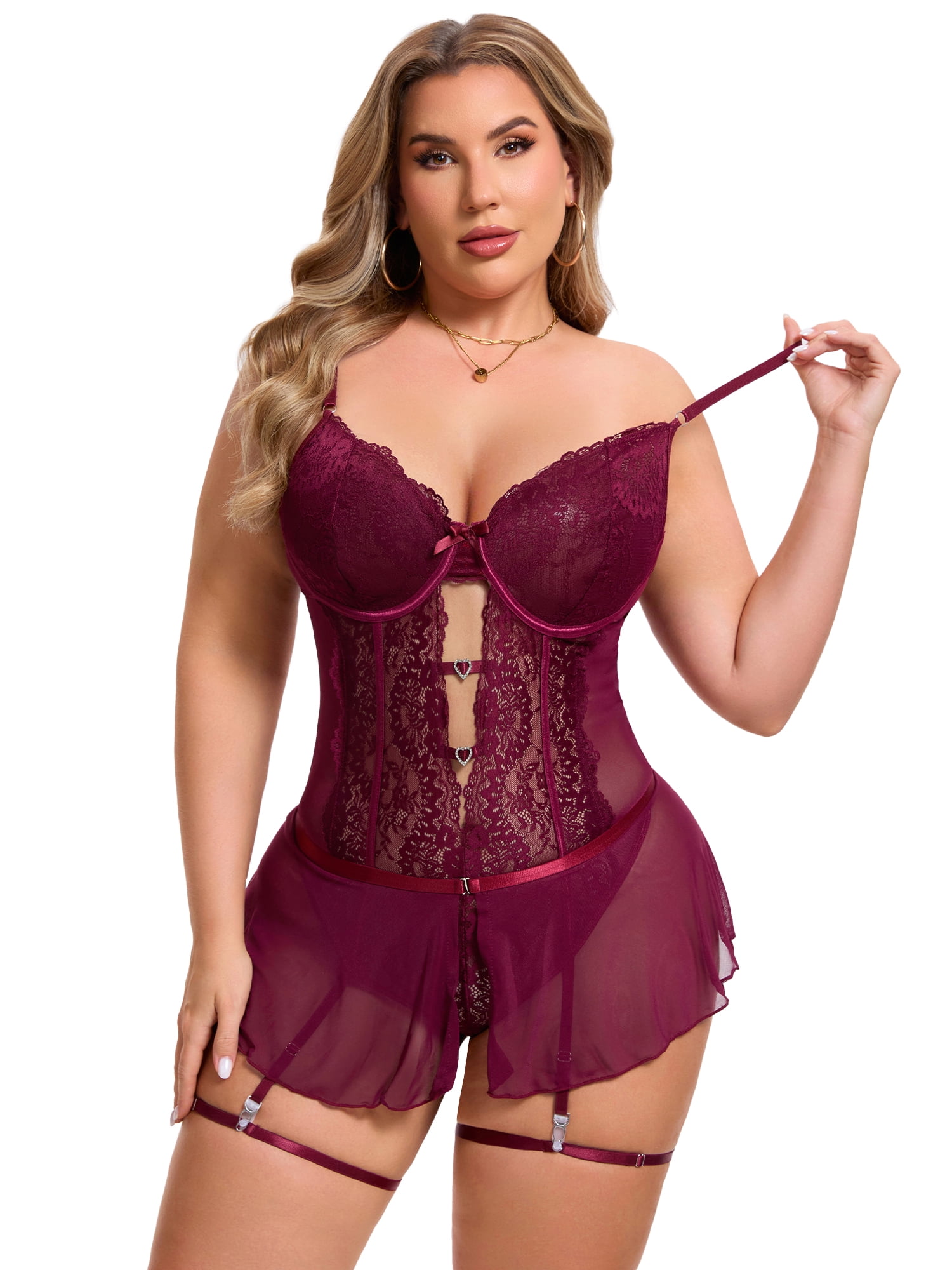 DARING DIVA Women's Cut Out Skirt Bodysuit Underwired Lingerie Set 2XL Wine Red