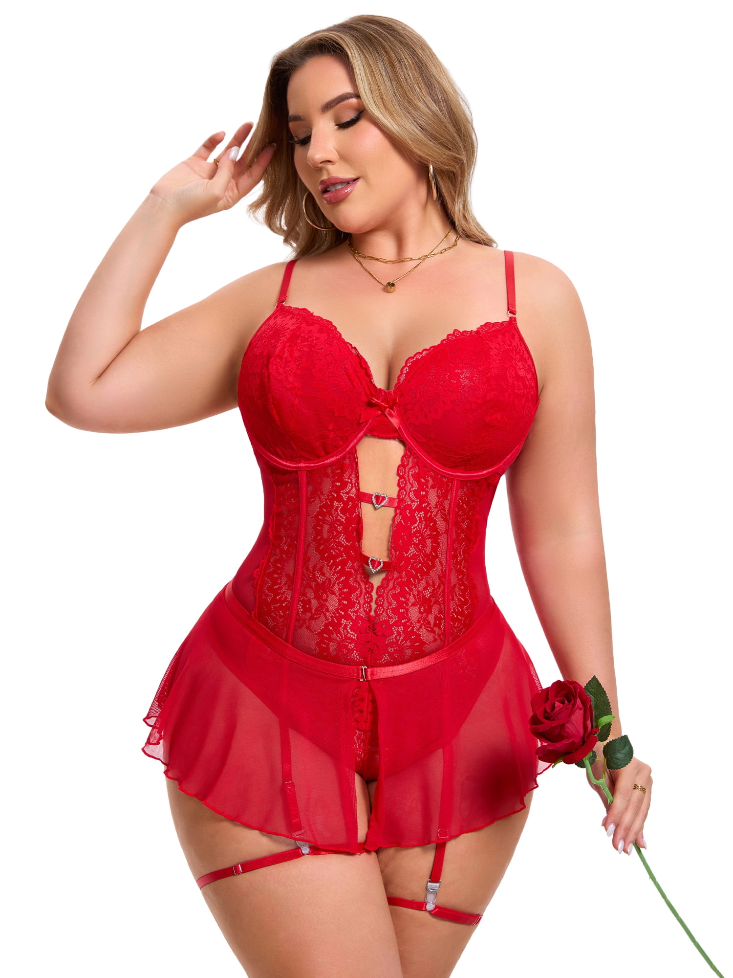 DARING DIVA Women's Cut Out Skirt Bodysuit Underwired Lingerie Set XL Red