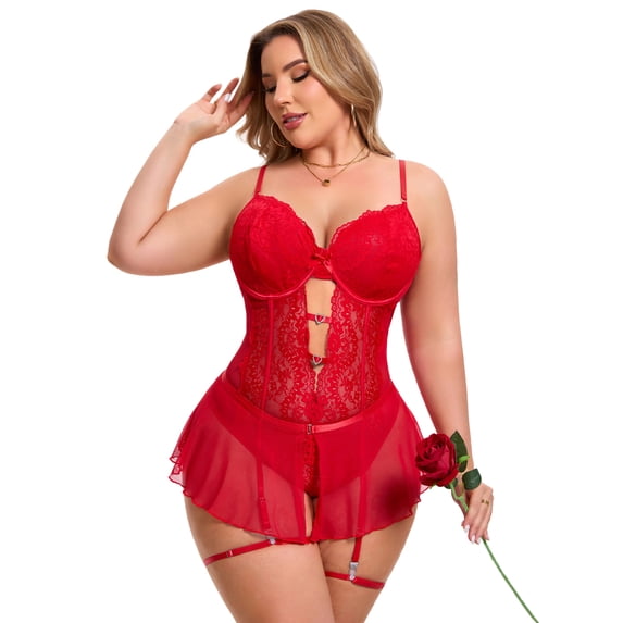 DARING DIVA Women's Cut Out Skirt Bodysuit Underwired Lingerie Set XL Red