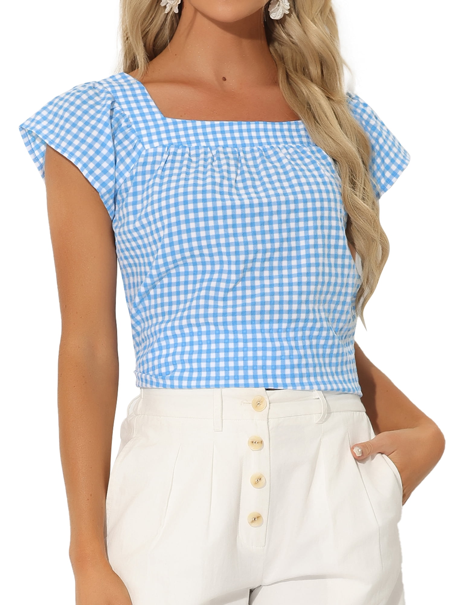 DARING DIVA Women's Cute Cap Sleeve Square Neck Plaid Blouses 2XL Blue
