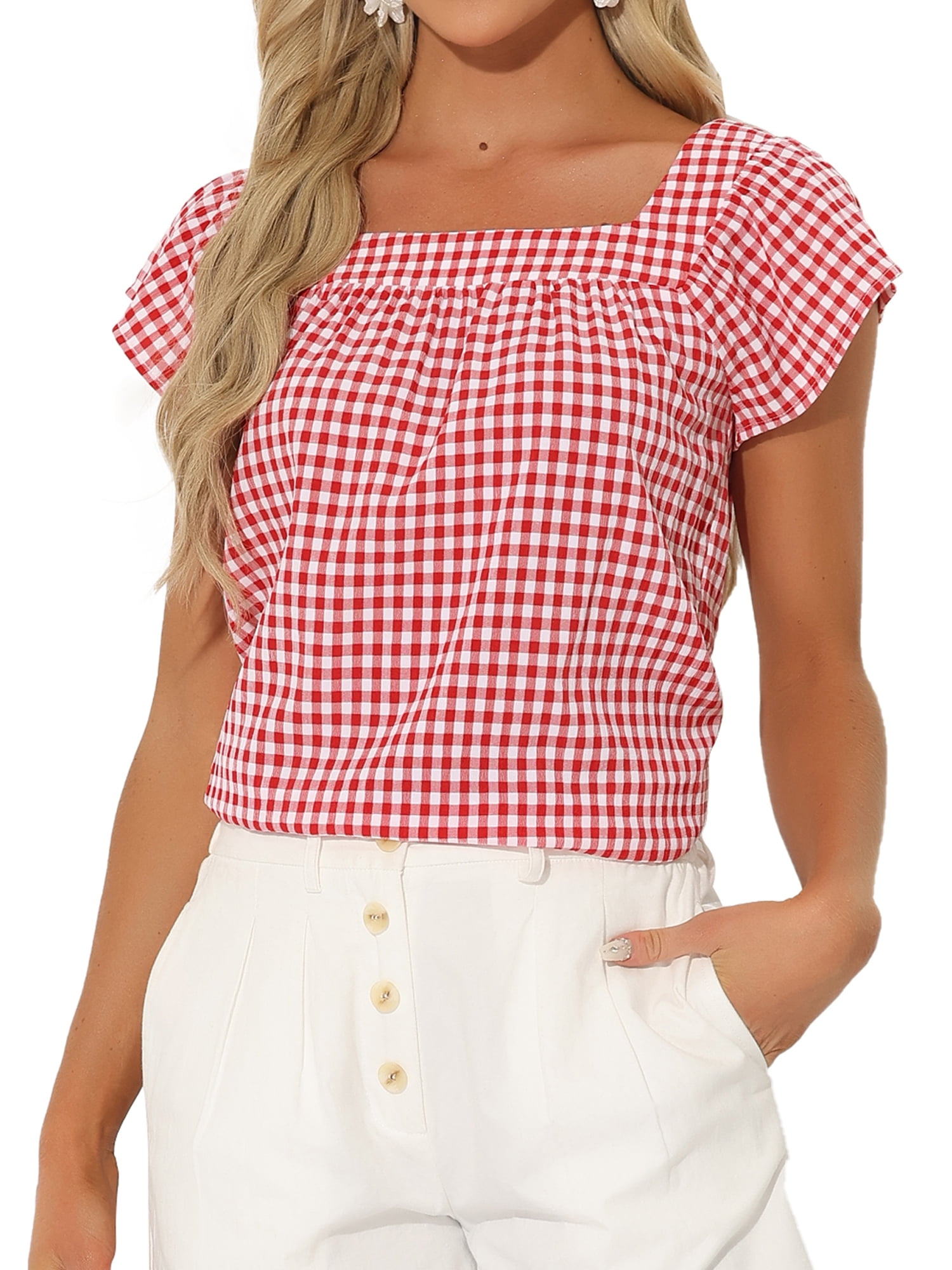DARING DIVA Women's Cute Cap Sleeve Square Neck Plaid Blouses 2XL Red