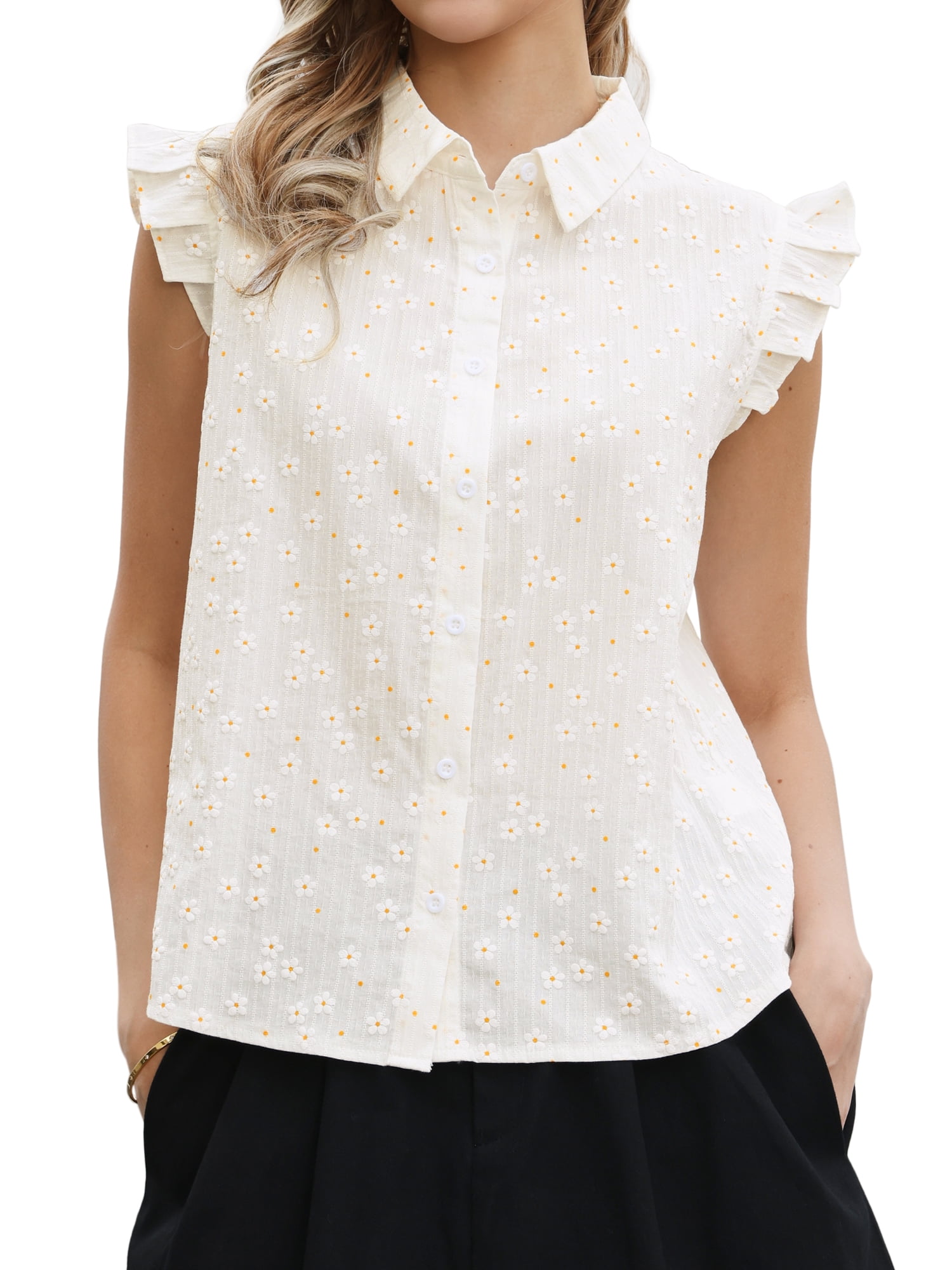 DARING DIVA Women's Cute Floral Tops Ruffle Cap Sleeve Button Down Dressy Shirts M White