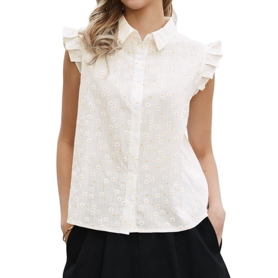 DARING DIVA Women's Cute Floral Tops Ruffle Cap Sleeve Button Down Dressy Shirts S White