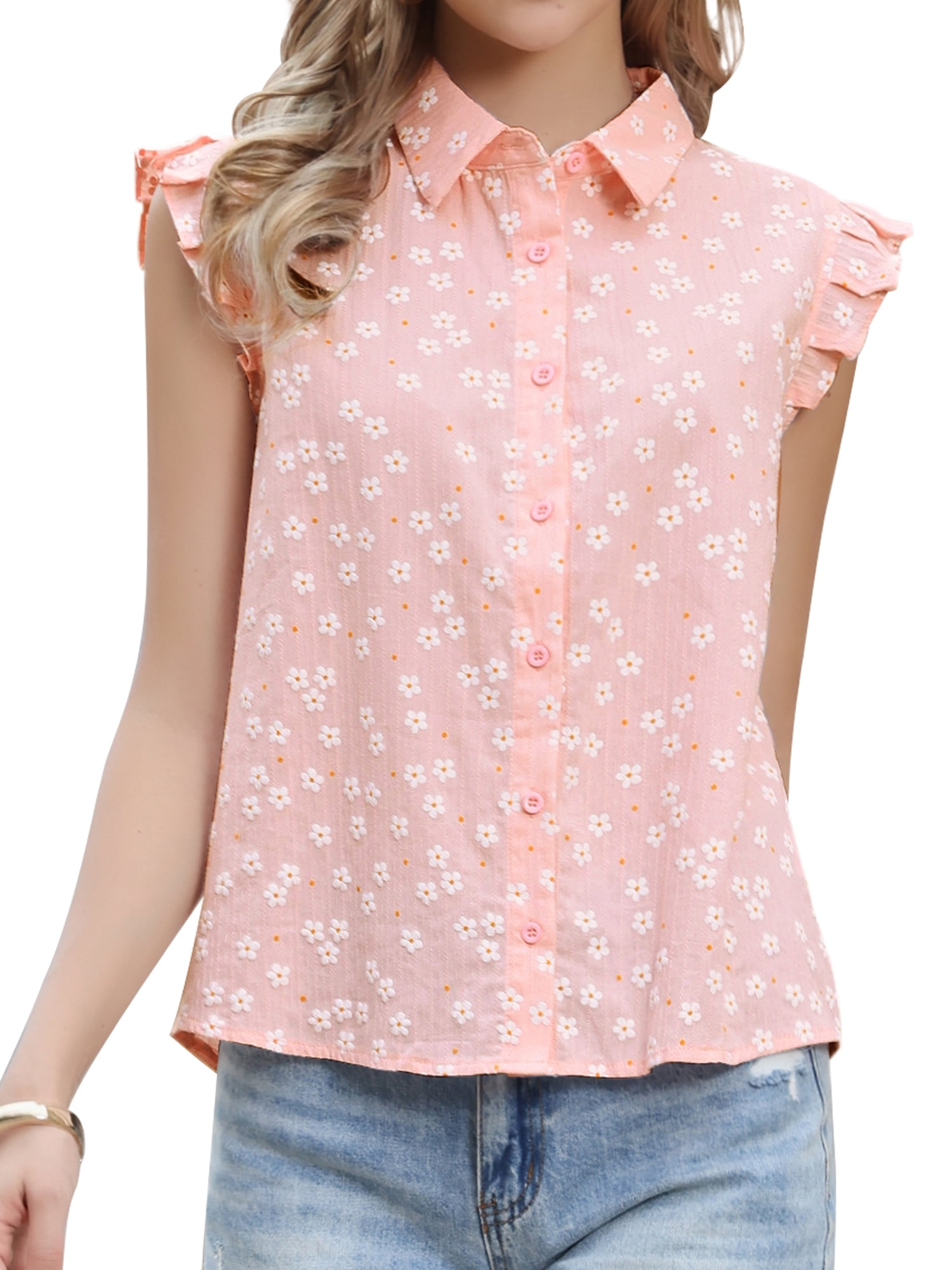 DARING DIVA Women's Cute Floral Tops Ruffle Cap Sleeve Button Down Dressy Shirts XS Pink